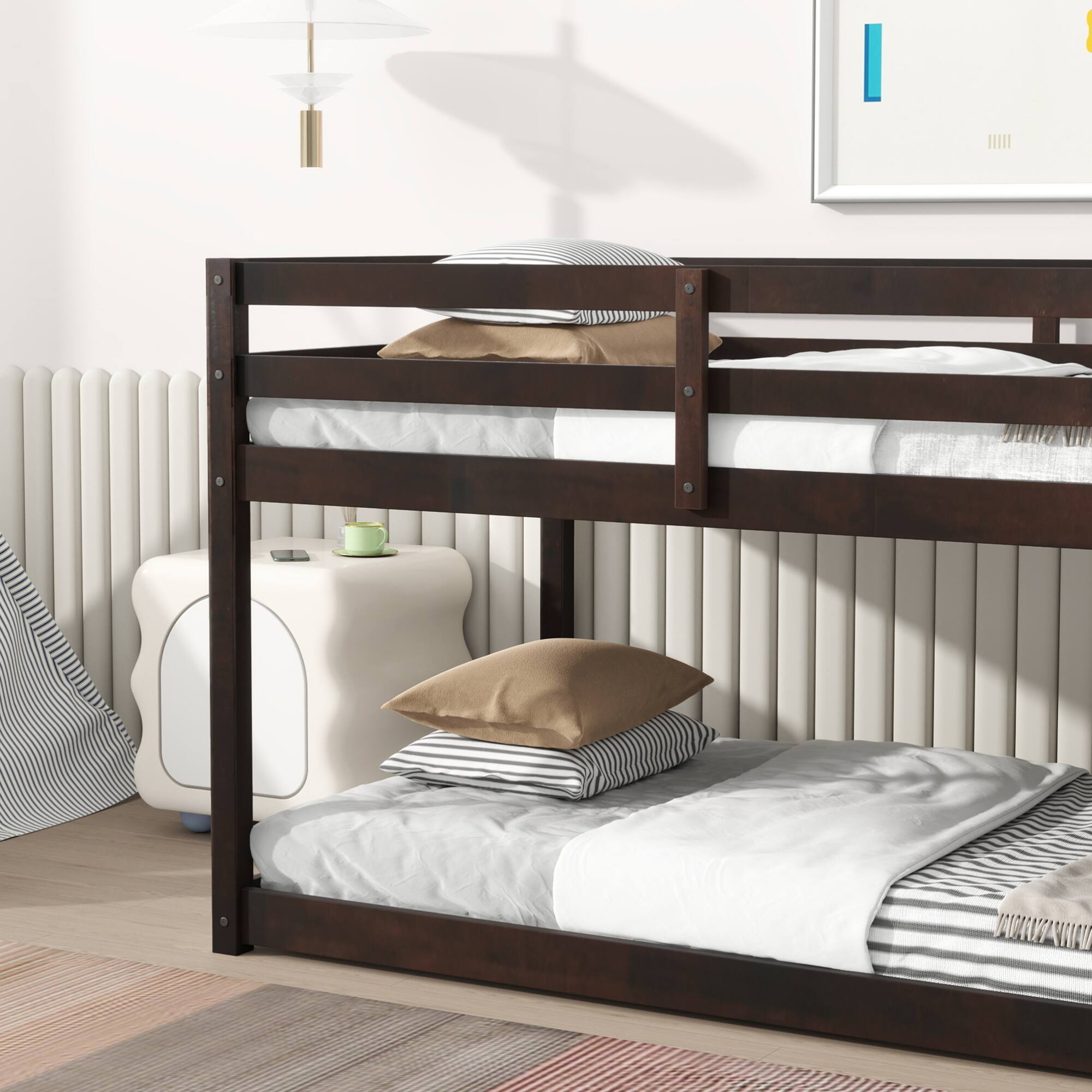 Alt View 8. GOODSILO - Solid Wood Twin Over Twin Floor Bunk Bed with Ladder and Strengthened Slats for Enhanced Stability - Espresso.