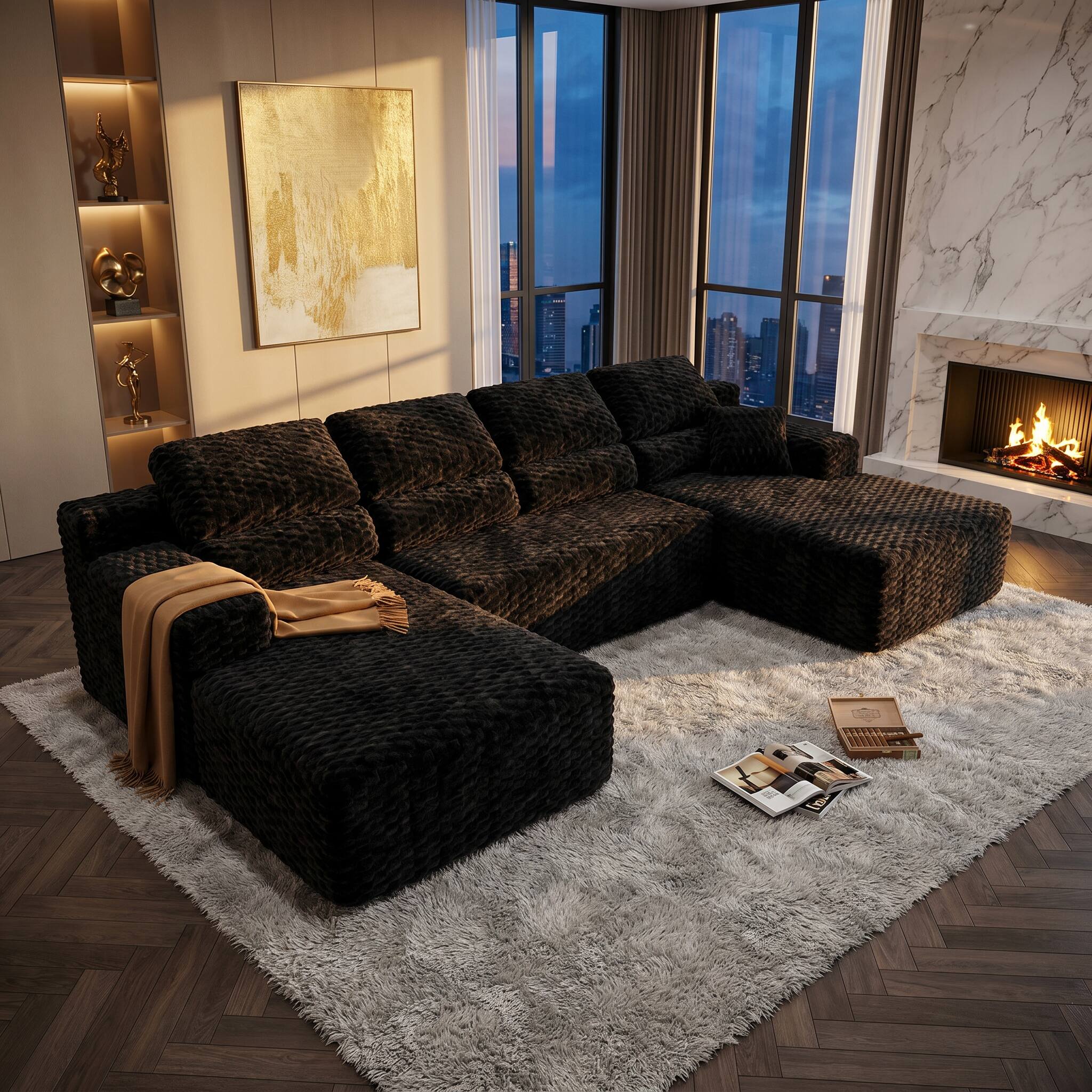 Back. Famapy - 135" Width Compressed Sectional Sofa No Assembly High-Density Foam, Pet-Friendly 3-Color Choice for Living Room - Black.