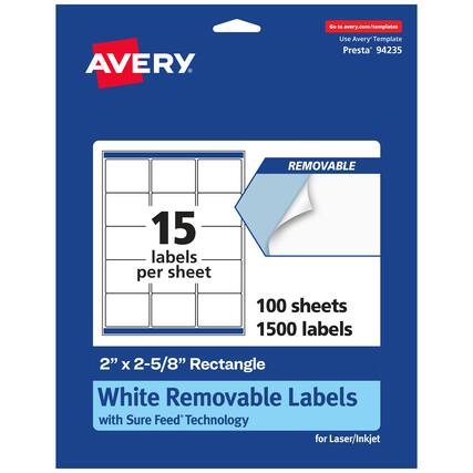 Go to avery.com/templates
AVERY
Use Avery Template Presta 94235
REMOVABLE
15 labels per sheet
100 sheets
1500 labels
2" x 2-5/8" Rectangle
White Removable Labels with Sure Feed Technology for Laser/Inkjet