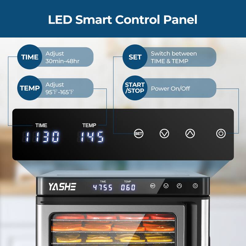 LED Smart Control Panel

- TIME: Adjust 30min-48hr
- TEMP: Adjust 95°F-165°F
- SET: Switch between TIME & TEMP
- START/STOP: Power On/Off

Current Settings:
- TIME: 11:30
- TEMP: 145°F

Additional Display:
- TIME: 47:55
- TEMP: 060