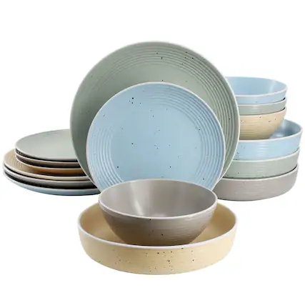 Front. Elama - Elama Emilia 16 Piece Assorted Double Bowl Stoneware Dinnerware Set in Speckled Multi-Color - Multi.