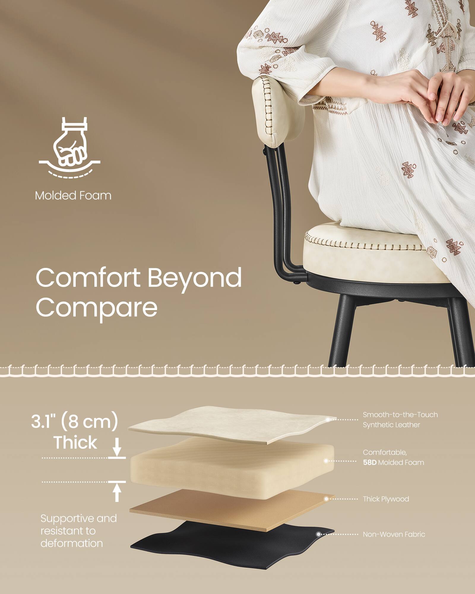 Molded Foam Comfort Beyond Compare  
3.1" (8 cm) Thick  
Smooth-to-the-Touch Synthetic Leather  
Comfortable, 58D Molded Foam  
Thick Plywood  
Supportive and resistant to deformation  
Non-Woven Fabric
