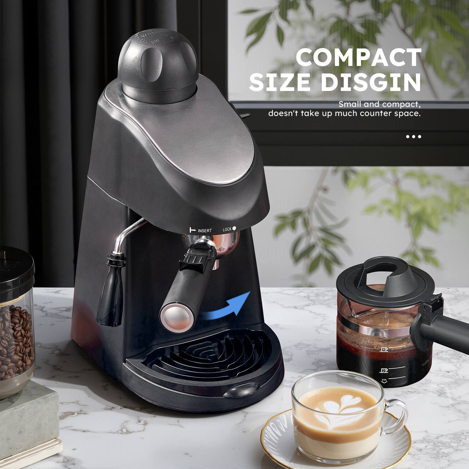 COMPACT SIZE DESIGN  
Small and compact, doesn't take up much counter space.