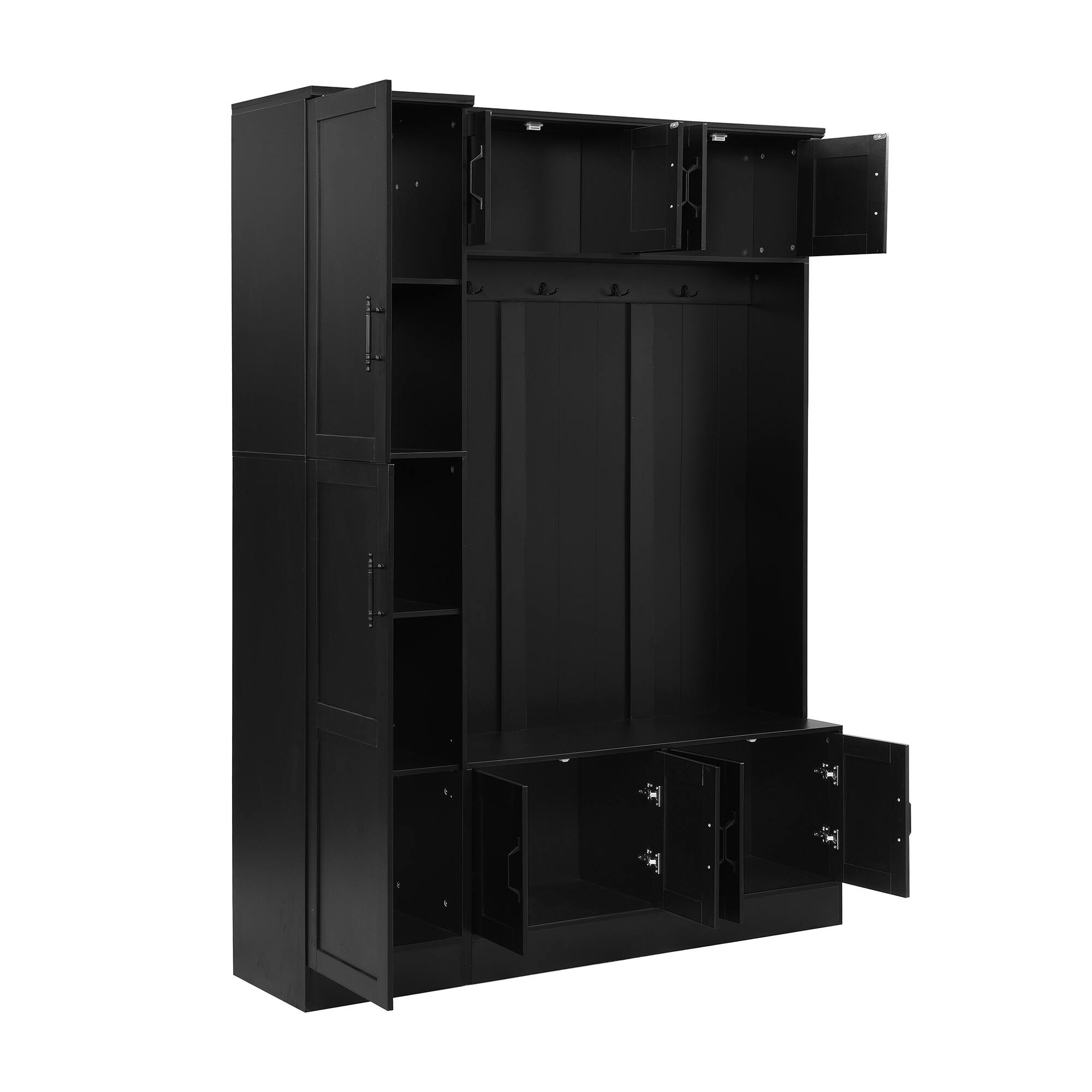Angle. Whisen - Modern Hall Tree with Shoe Storage, 4-in-1 Entryway Bench with 6 Cabinets and 4 Hooks - Black.