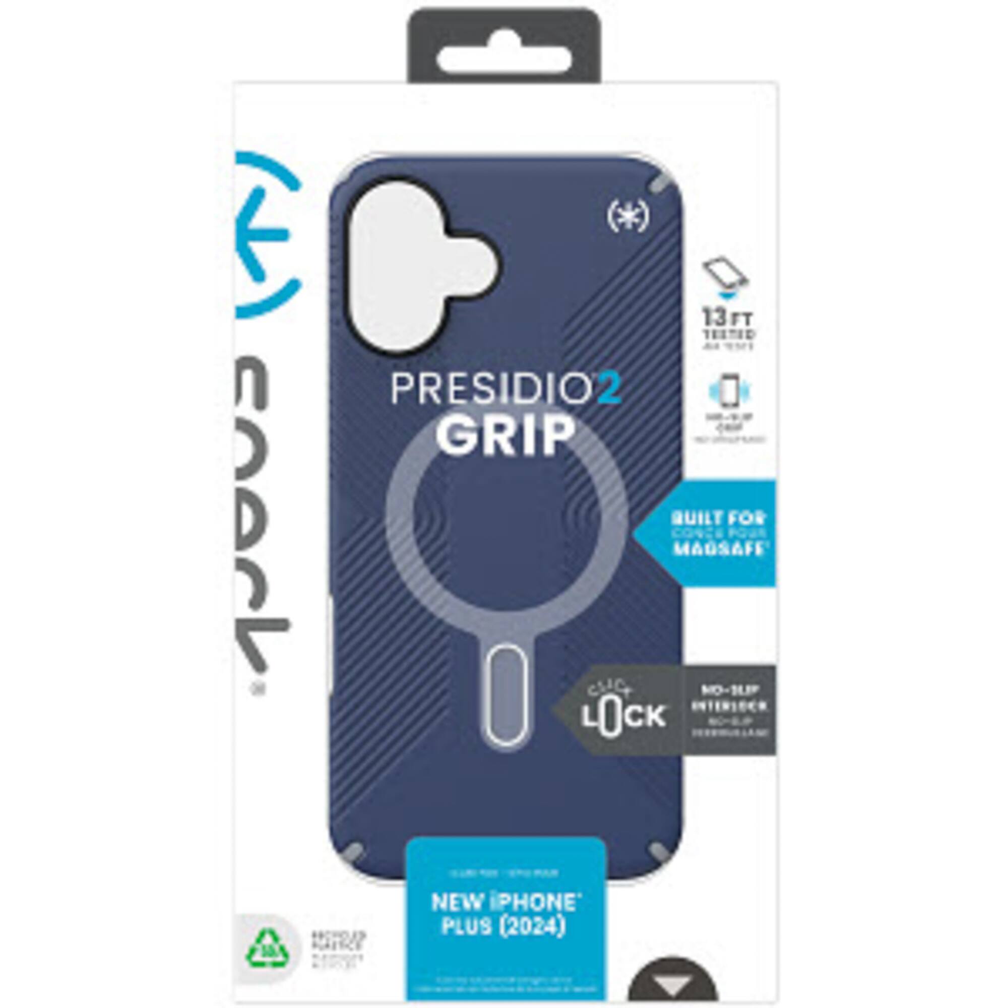 Presidio2 Grip is a case for the iPhone Plus (2024) that is built for drop protection and has a built-in screen protector. It is designed to provide a secure grip and is made of durable materials. The case is available in blue and is compatible with the new iPhone Plus (2024).