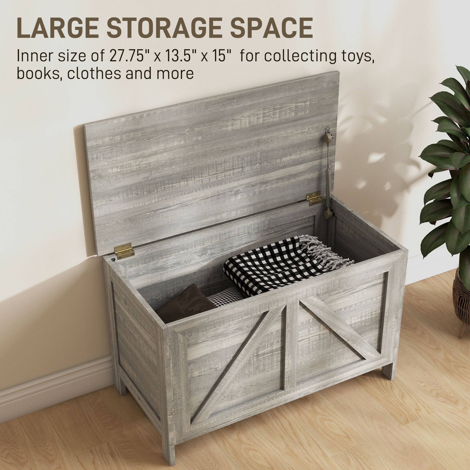 LARGE STORAGE SPACE  
Inner size of 27.75" x 13.5" x 15" for collecting toys, books, clothes and more
