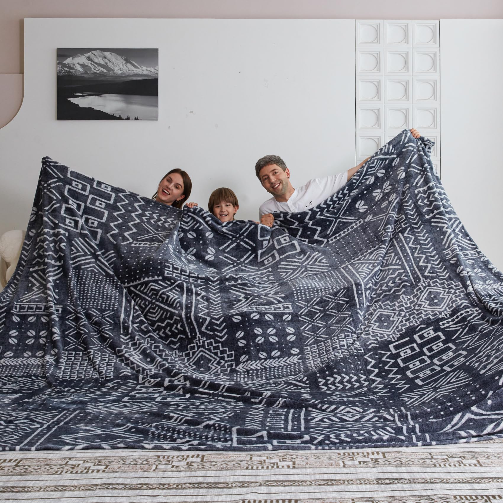 Paradigms Interiors - Oversized King Fleece Blanket Soft Cozy Warm Giant 10'x10' For Bed Sofa Couch Travel Camping California Hug - Totem Dark Grey-120"x120"