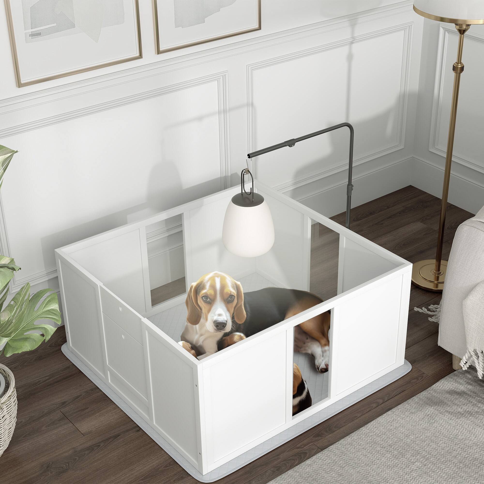 Alt View 5. Siljoy - Dog Whelping Box with Retractable Light Stand, Waterproof Pad & Adjustable Door, 39" x 38" - White.