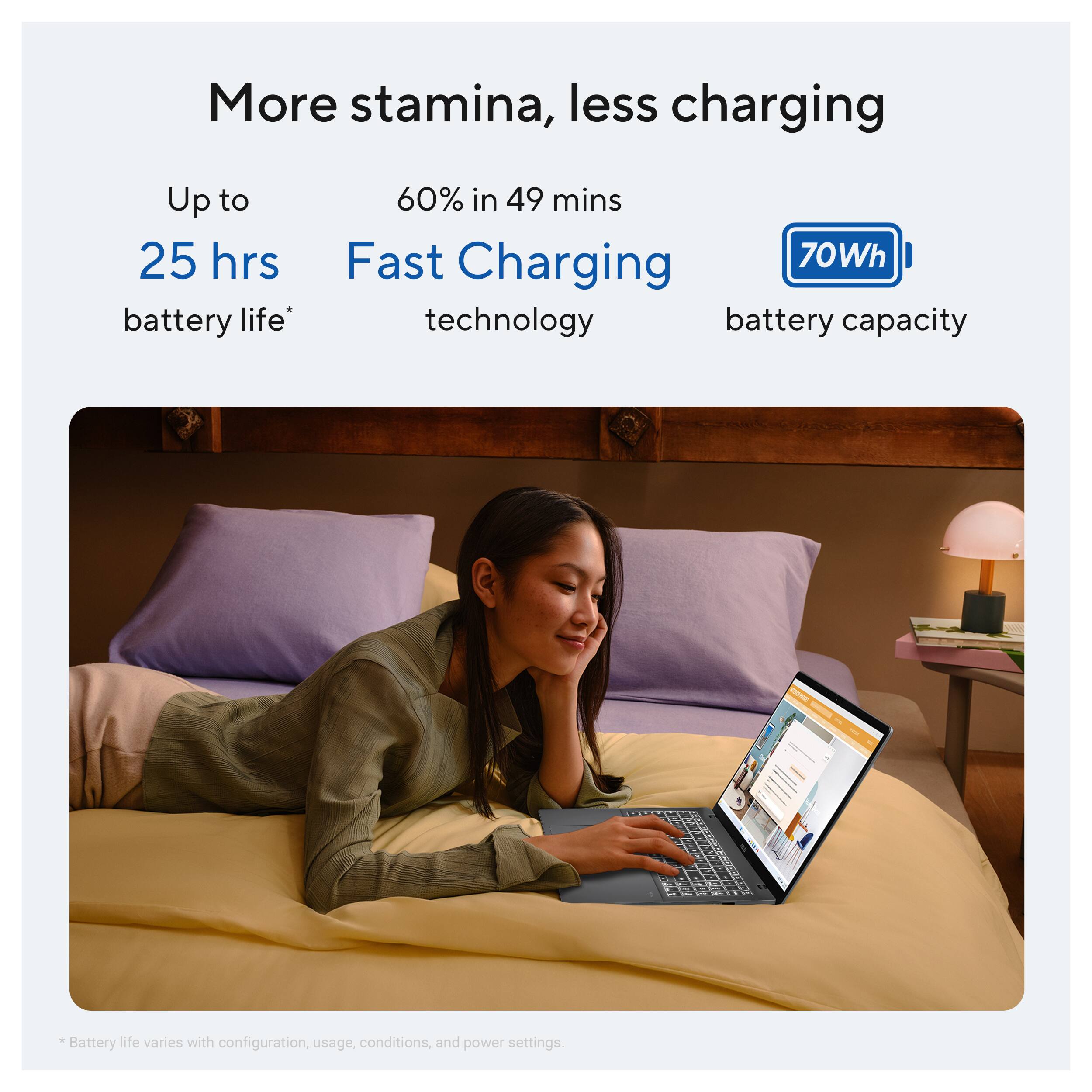 More stamina, less charging

Up to 25 hrs battery life*

60% in 49 mins Fast Charging technology

70Wh battery capacity

*Battery life varies with configuration, usage, conditions, and power settings.