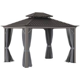 Outsunny - 10' x 12' Hardtop Gazebo with Curtains and Netting, Permanent Pavilion Metal Double Roof Gazebo Canopy - Gray