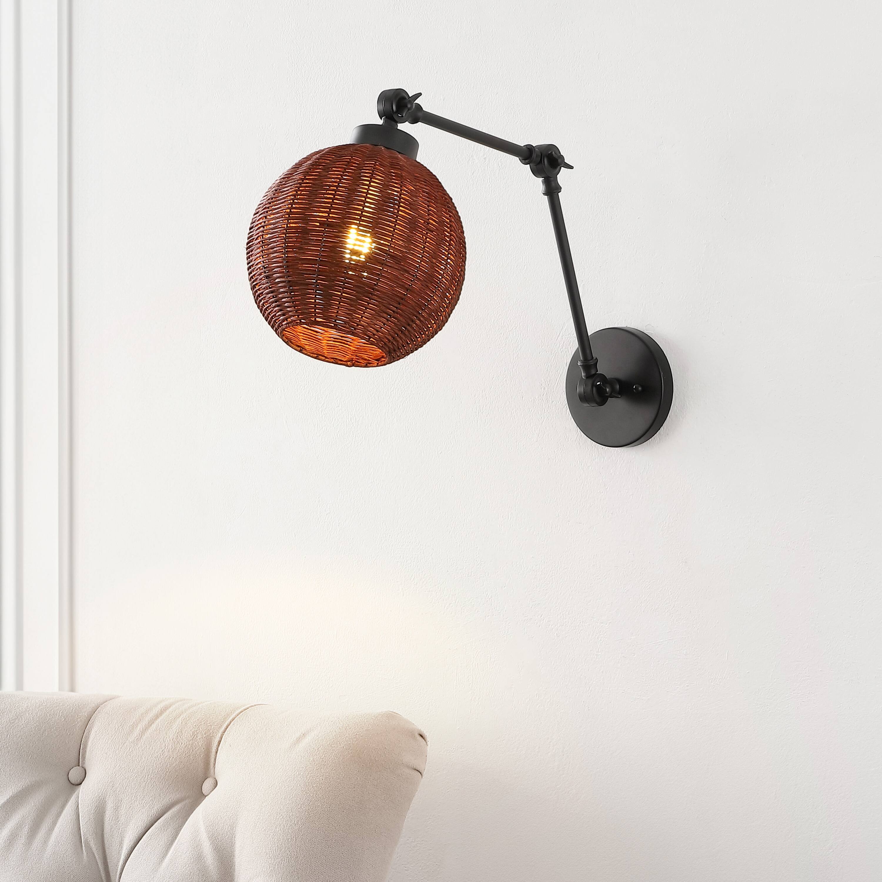 Alt View 1. Jonathan Y - Lyla 22" 1-Light Mid-Century Vintage Rattan Globe Swing Arm LED Sconce, Dark Brown/Black - Black/Dark brown.