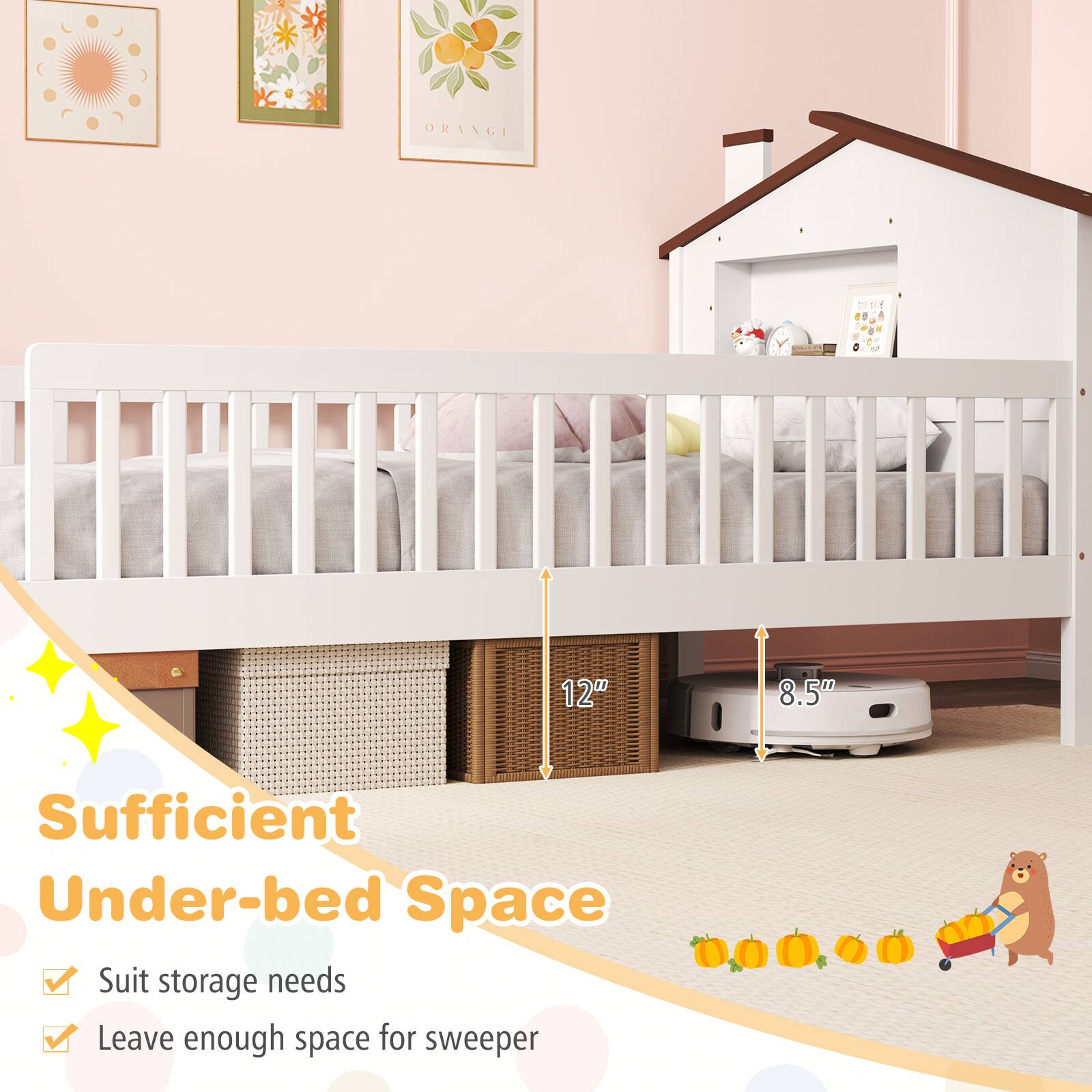 Sufficient Under-bed Space

- Suit storage needs
- Leave enough space for sweeper

12"  
8.5"