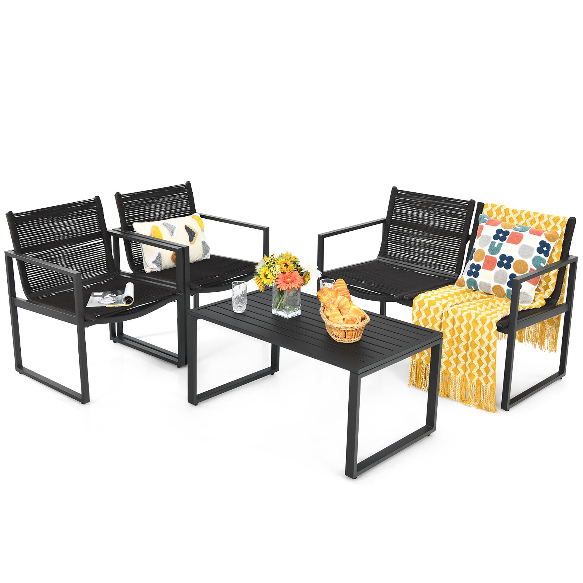 Costway - 4PCS Patio Furniture Conversation Set Sofa Loveseat Armrest Garden Deck - Black,Brown