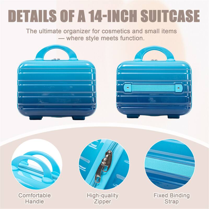 DETAILS OF A 14-INCH SUITCASE

The ultimate organizer for cosmetics and small items - where style meets function.

- Comfortable Handle
- High-quality Zipper
- Fixed Binding Strap