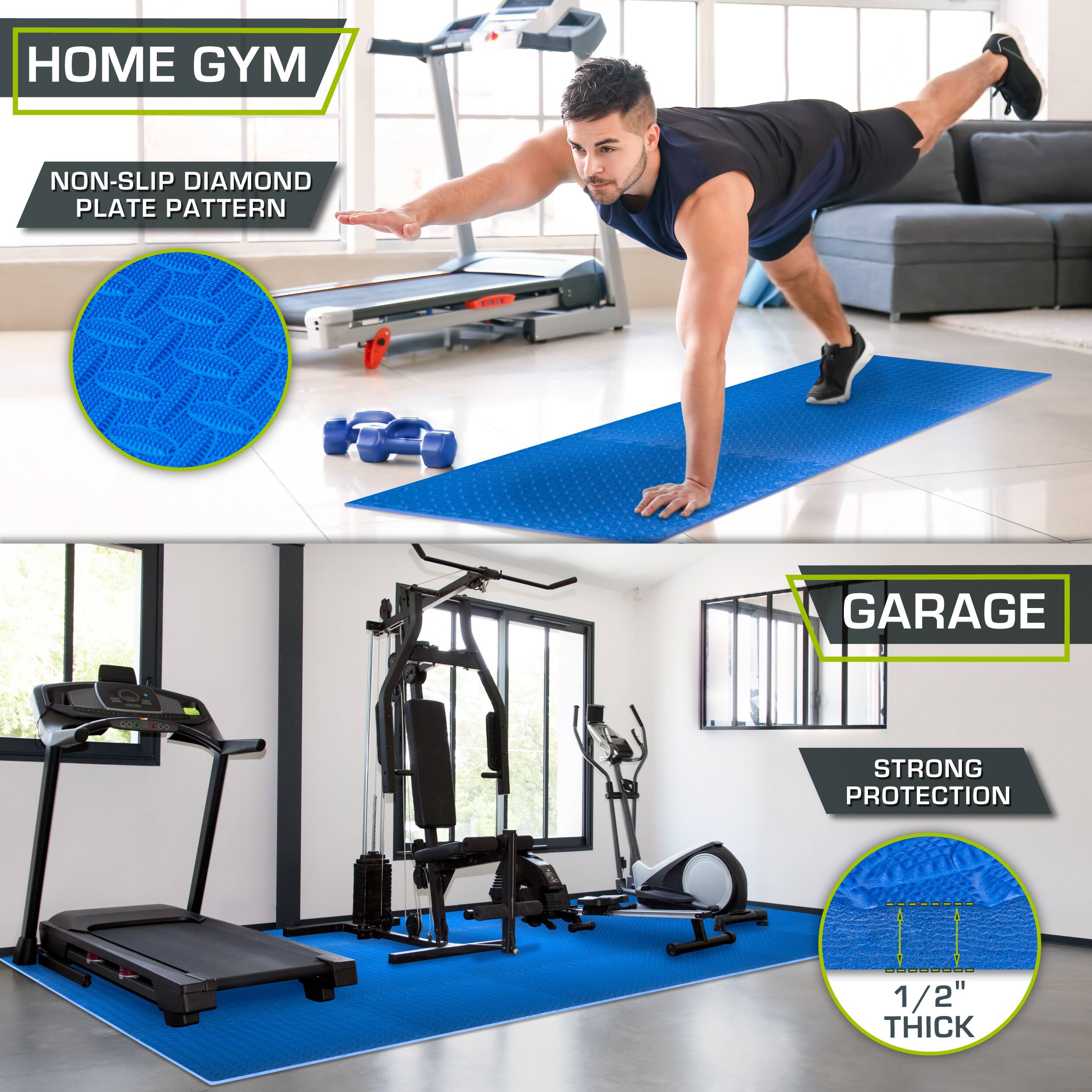 The corrected text from the image is:

"HOME GYM NON-SLIP DIAMOND PLATE PATTERN GARAGE STRONG PROTECTION - 1 1/2" THICK"