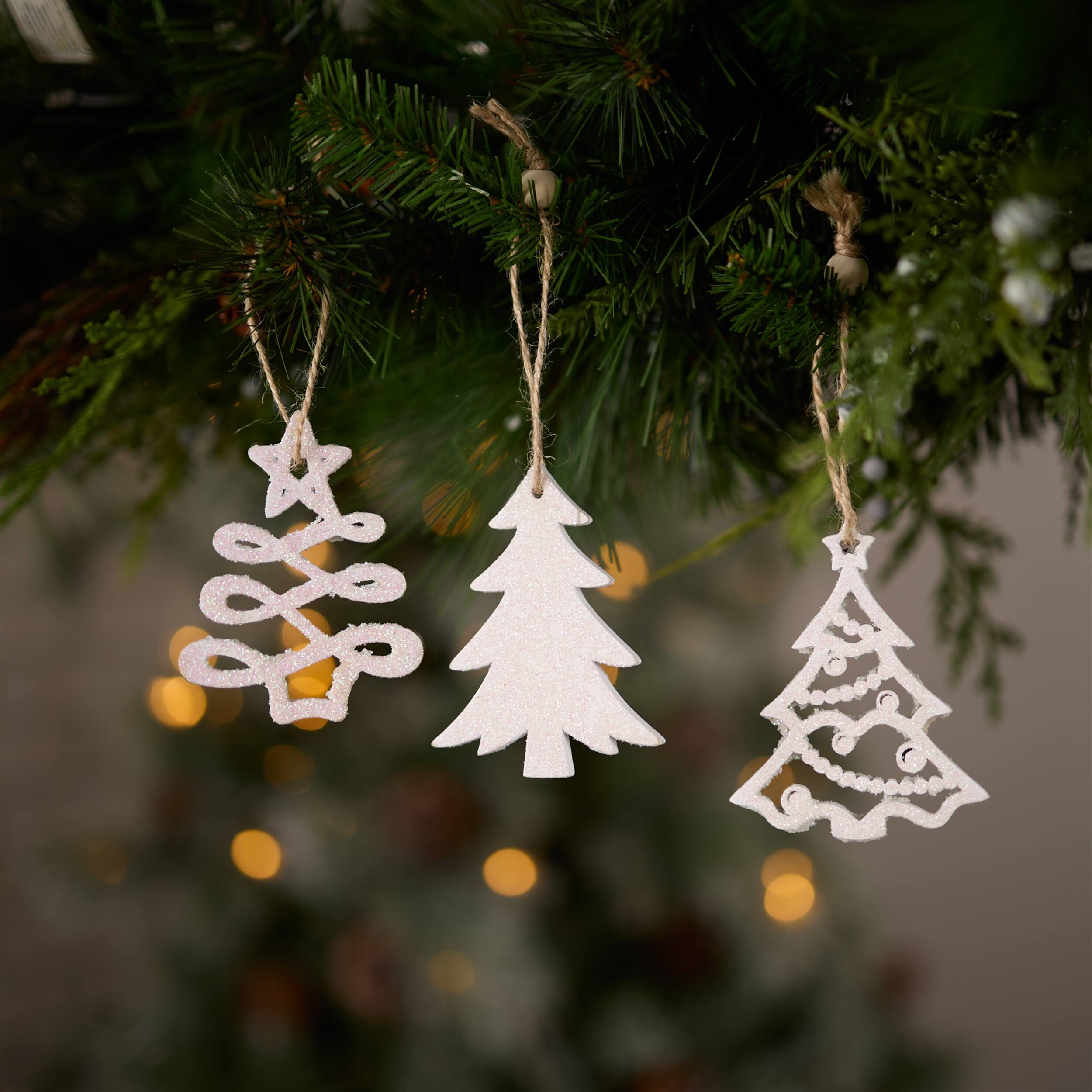 Angle. BreeBe - Wood Tree Tag Ornament with Beaded Hanger (Set of 9) - White.