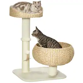Pawhut - 28" Elevated Cat Bed with Sisal Scratching Post, Modern Cat Tree with Cute Basket Design, Cat Tree with Fun Ball Toy - Beige