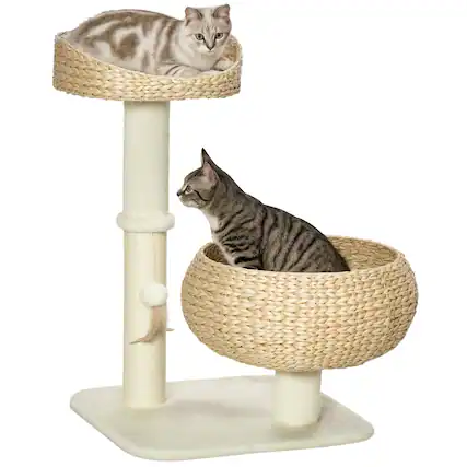 Front. Pawhut - 28" Elevated Cat Bed with Sisal Scratching Post, Modern Cat Tree with Cute Basket Design, Cat Tree with Fun Ball Toy - Beige.