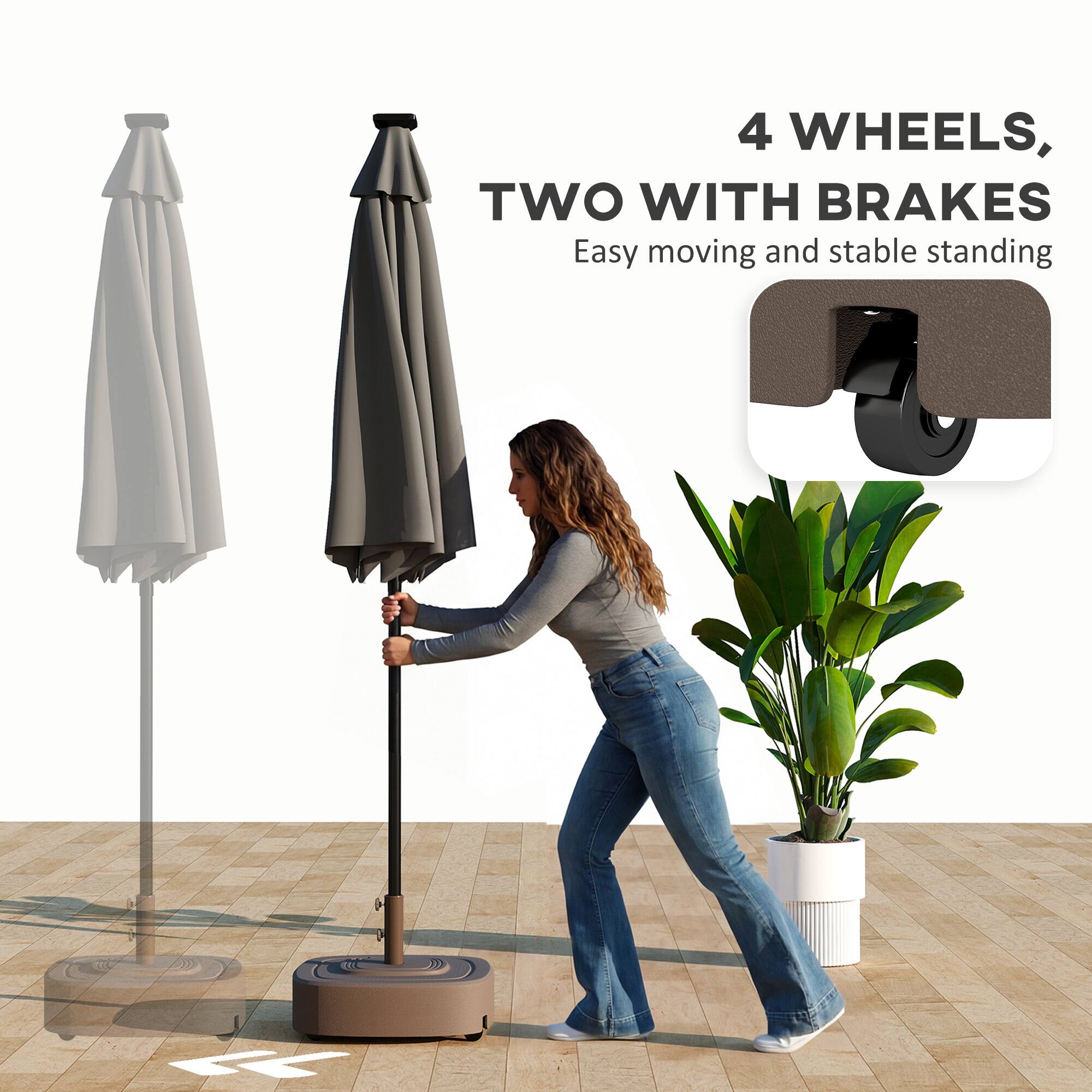 4 WHEELS, TWO WITH BRAKES  
Easy moving and stable standing