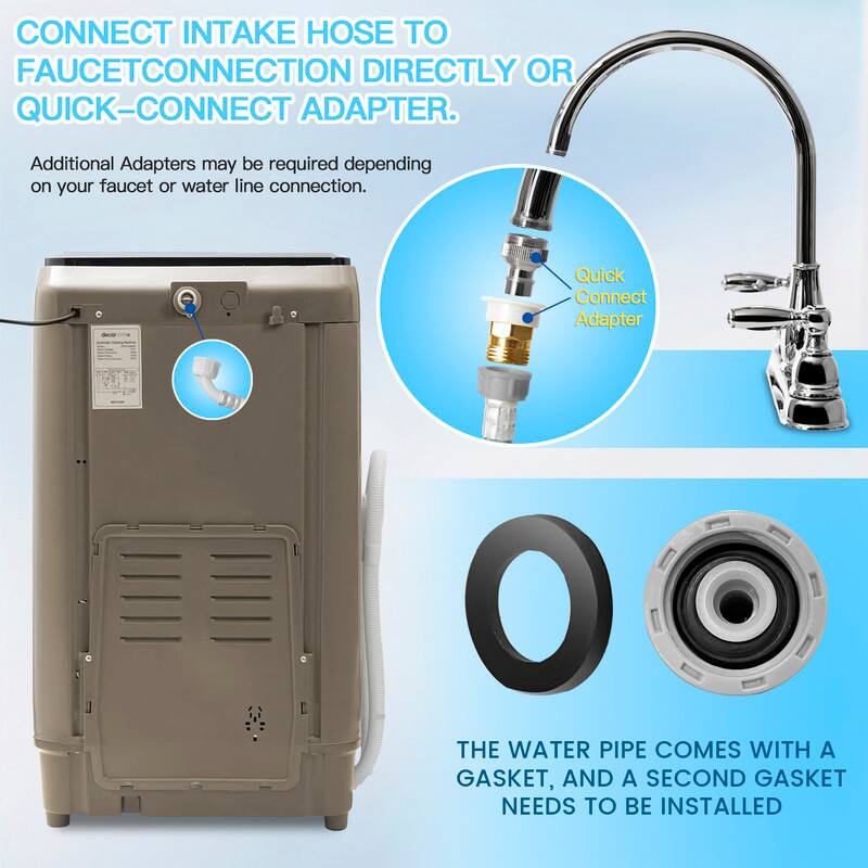 CONNECT INTAKE HOSE TO FAUCET CONNECTION DIRECTLY OR QUICK-CONNECT ADAPTER.

Additional Adapters may be required depending on your faucet or water line connection.

THE WATER PIPE COMES WITH A GASKET, AND A SECOND GASKET NEEDS TO BE INSTALLED