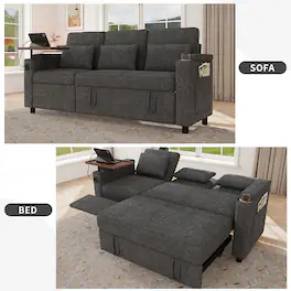 Anysun - 81" 3-in-1 Foldable 3-Seater Sofa Bed, Table Board, USB Ports, Storage Armrests, Adjustable Backrest, Chenille - Dark Gray