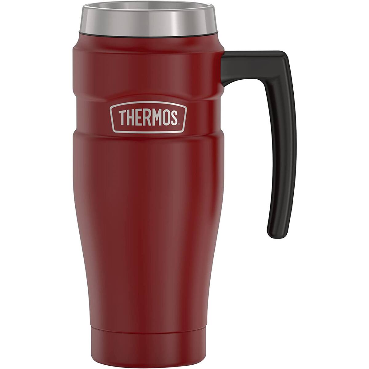 Front. Thermos - Thermos 16 oz. Stainless King Travel Mug with Handle - Cranberry - Matte Red.