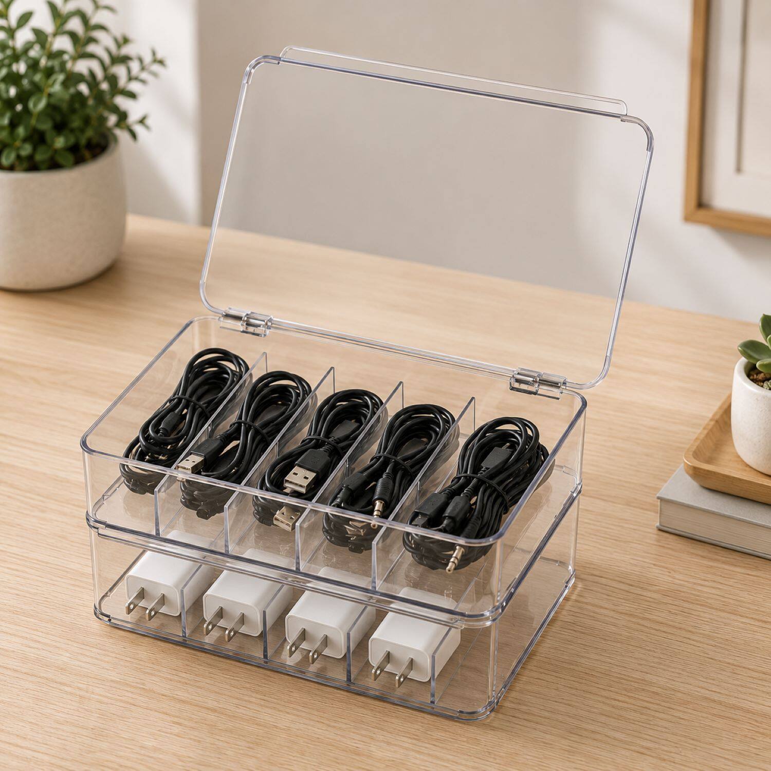 Alt View 1. Sorbus - Sorbus Clear Cable Organizer Storage Box – Durable Plastic Wire Management Box with Hinged Lid For Chargers, Cords - Clear 2 Pack.
