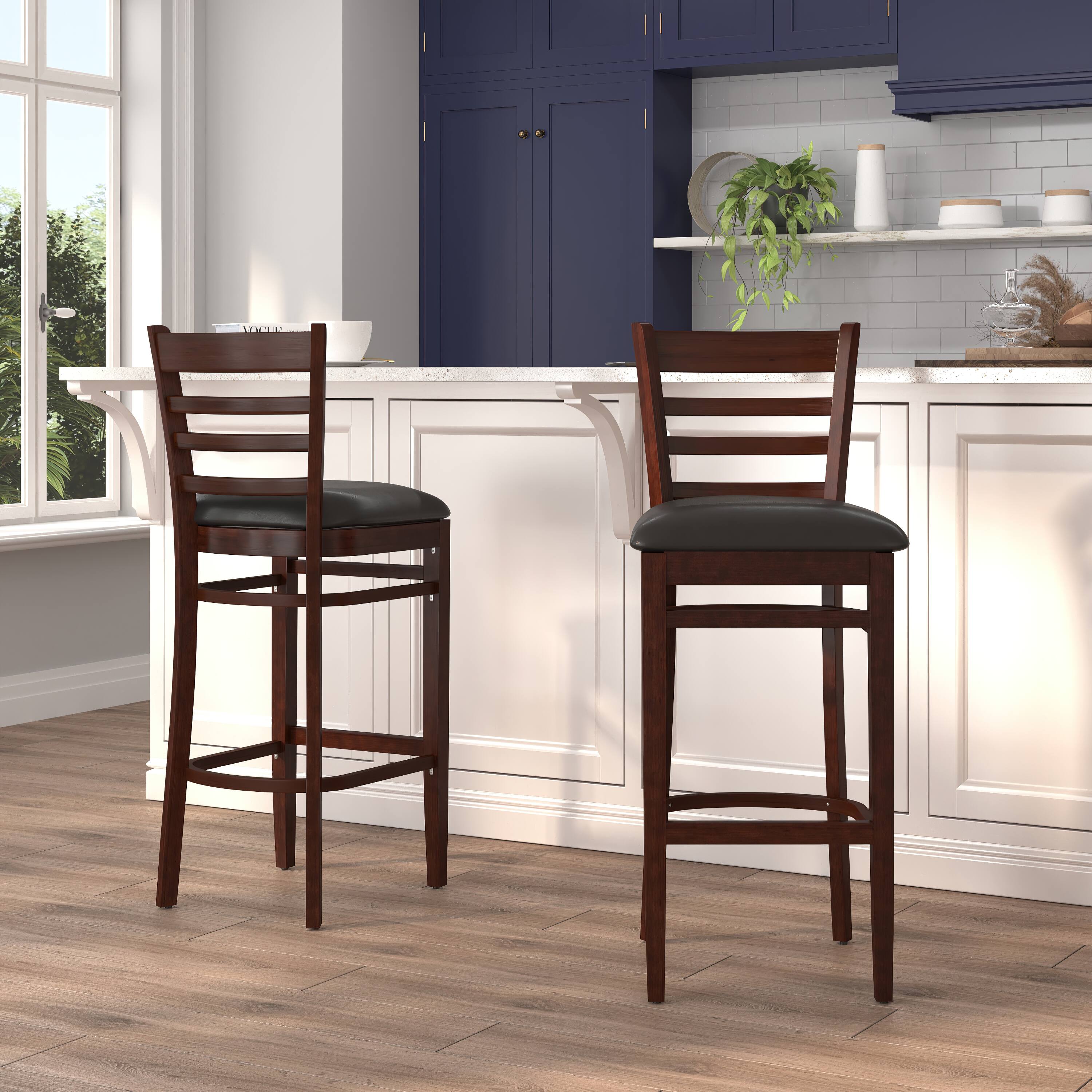 Alt View 1. Emma + Oliver - Bar Stools | Set of 2 Wood Bar Stools with Back - Black Vinyl Seat/Mahogany Wood Frame.