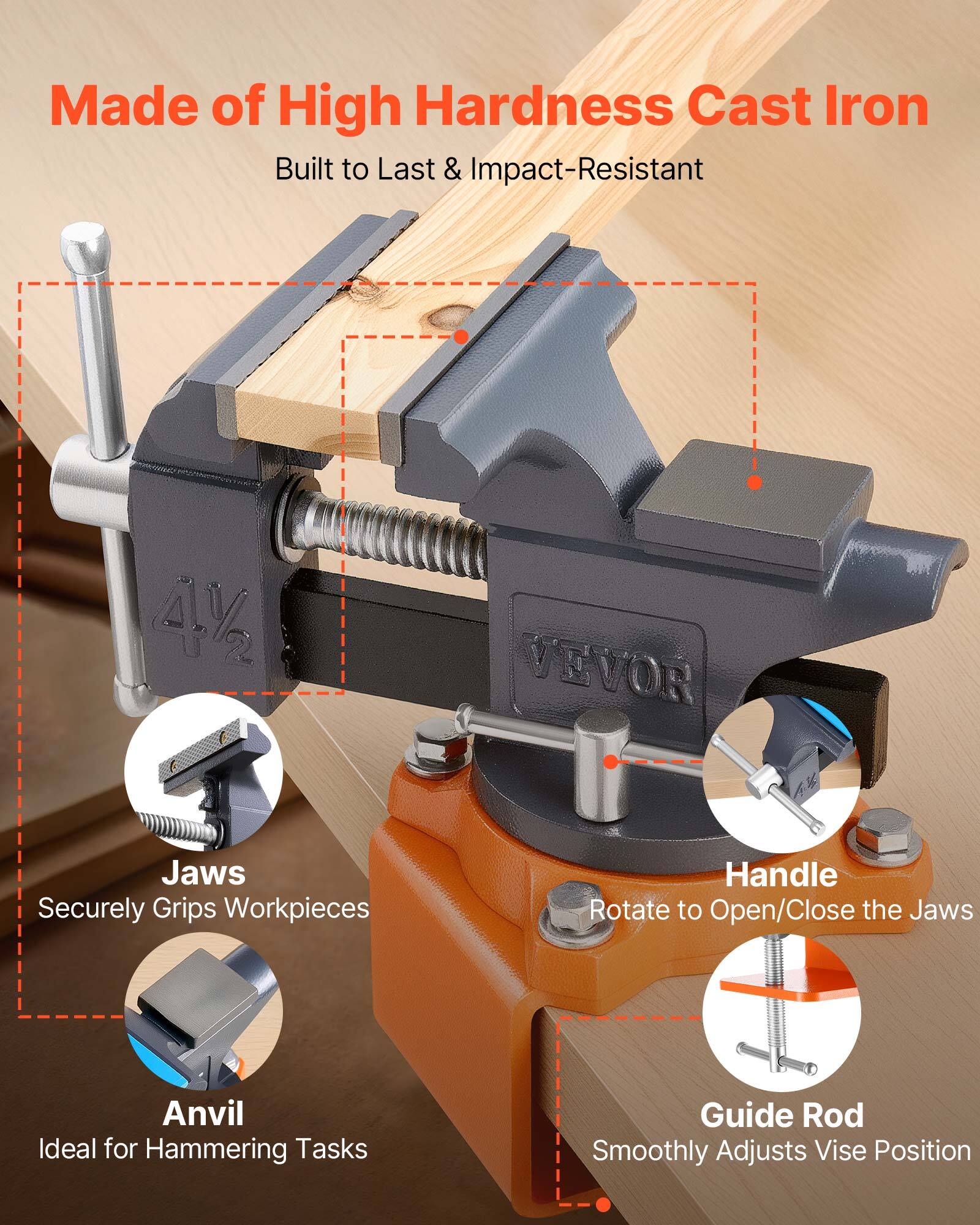 Made of High Hardness Cast Iron  
Built to Last & Impact-Resistant  

Jaws  
Securely Grips Workpieces  

Anvil  
Ideal for Hammering Tasks  

Handle  
Rotate to Open/Close the Jaws  

Guide Rod  
Smoothly Adjusts Vise Position