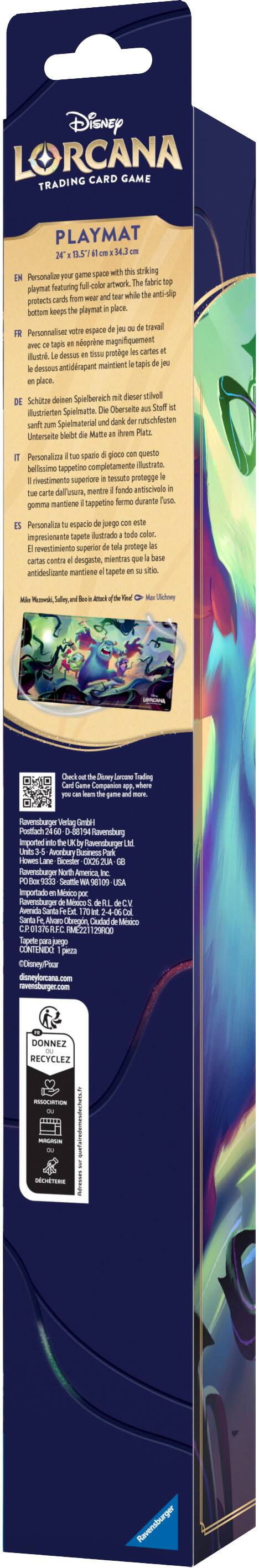 Disney LORCANA CARD GAME TRADING PLAYMAT

Personalize your game space with this striking playmat featuring full-color artwork. The fabric top protects cards from wear and tear while the anti-slip bottom keeps the playmat in place.

Personalise votre espace de jeu ou de travail avec ce tapis en néoprène magnifiquement illustré. Le dessus en tissu protège les cartes et le dessous antidérapant maintient le tapis de jeu en place.

Schütze deinen Spielbereich mit dieser stilvoll illustrierten Spielmatte. Die Oberseite aus Stoff ist samt zum Spielmaterial und dank der rutschfesten Unterseite bleibt die Matte auf Ihrem Platz.

Personalizza il tuo spazio di gioco con questo bellissimo tappetino completamente illustrato. Il rivestimento superiore in tessuto protegge le tue carte dall'usura, mentre il fondo antiscivolo in gomma mantiene il tappetino fermo durante il gioco.

Personaliza tu espacio de juego con este impresionante tappetino ilustrado a todo color. El revestimiento superior de tela protege las cartas contra el des