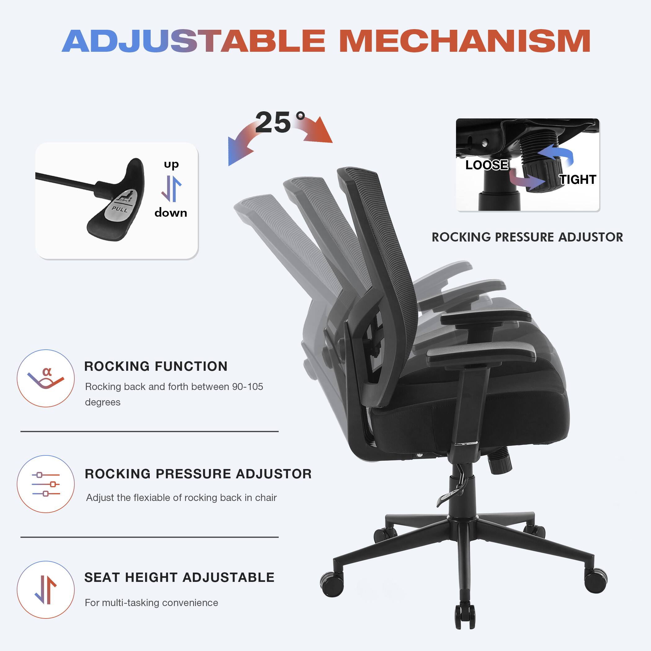 ADJUSTABLE MECHANISM

- 25° POLL up down
- LOOSE TIGHT ROCKING PRESSURE ADJUSTOR
- ROCKING FUNCTION: Rocking back and forth between 90-105 degrees
- ROCKING PRESSURE ADJUSTOR: Adjust the flexible of rocking back in chair
- SEAT HEIGHT ADJUSTABLE: For multi-tasking convenience