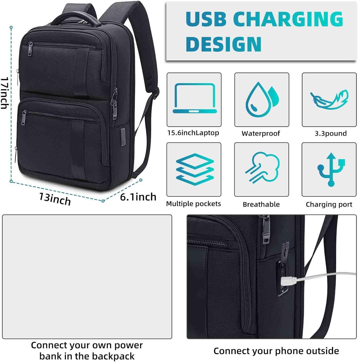 USB CHARGING DESIGN

- 17inch
- 15.6inch Laptop
- 13inch
- 6.1inch
- Waterproof
- 3.3pound
- Multiple pockets
- Breathable
- Charging port

Connect your own power bank in the backpack

Connect your phone outside