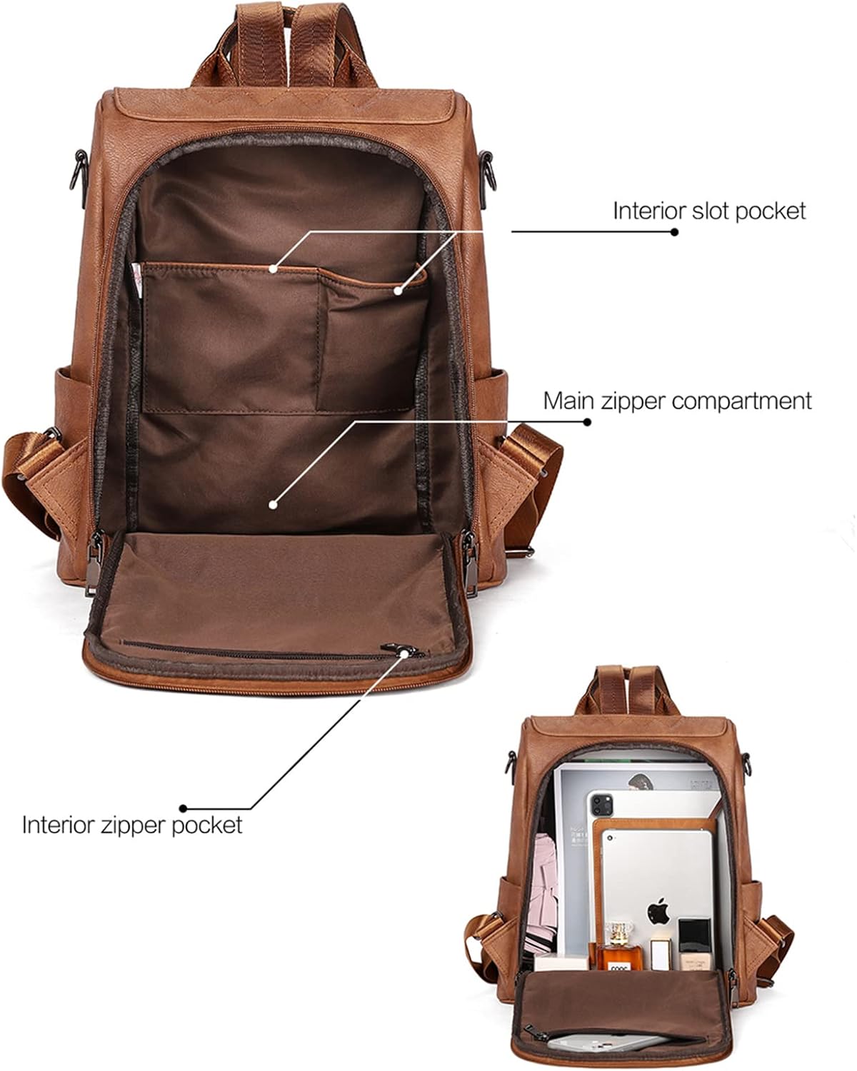 Interior slot pocket  
Main zipper compartment  
Interior zipper pocket