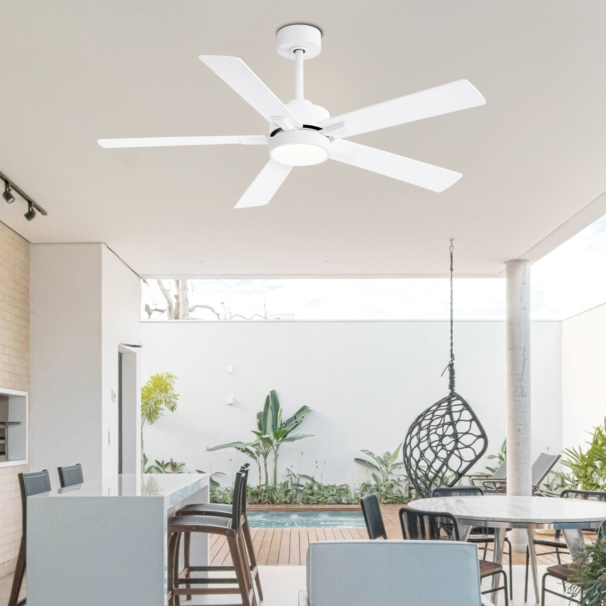 Alt View 1. Breezary - 52" Modern Indoor Ceiling Fan with LED Light, 5 Reversible Plywood Blades, 6-Speed DC Motor, Remote, Timer, 5" Downrod - White.