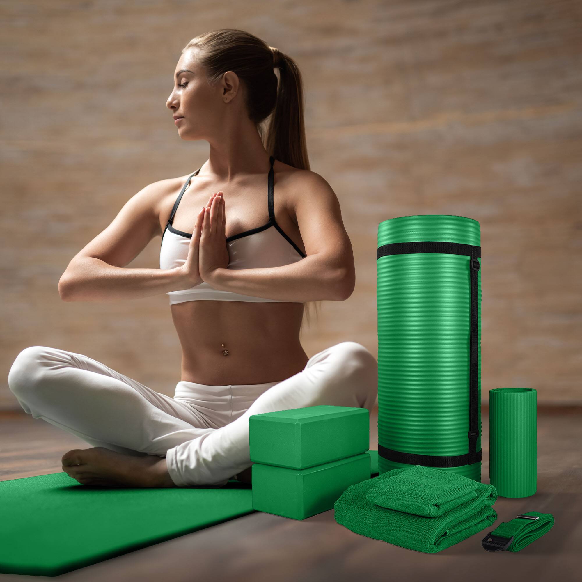 Alt View 3. BalanceFrom Fitness - BalanceFrom Fitness 7 Piece Yoga Set with Mat, Stretch Strap, & Knee Pad, Green - Green.