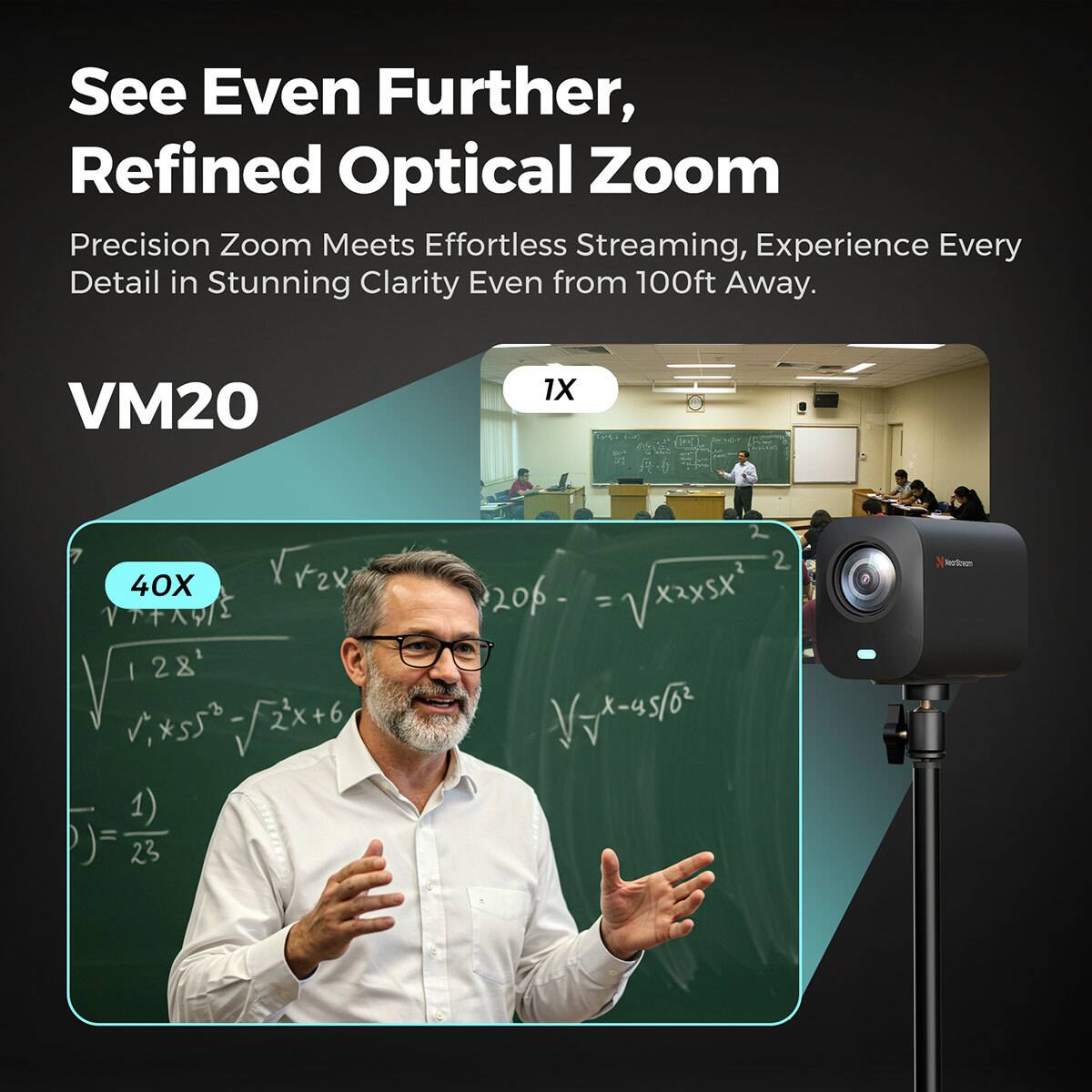 See Even Further, Refined Optical Zoom  
Precision Zoom Meets Effortless Streaming, Experience Every Detail in Stunning Clarity Even from 100ft Away.  

VM20  
1X  
40X