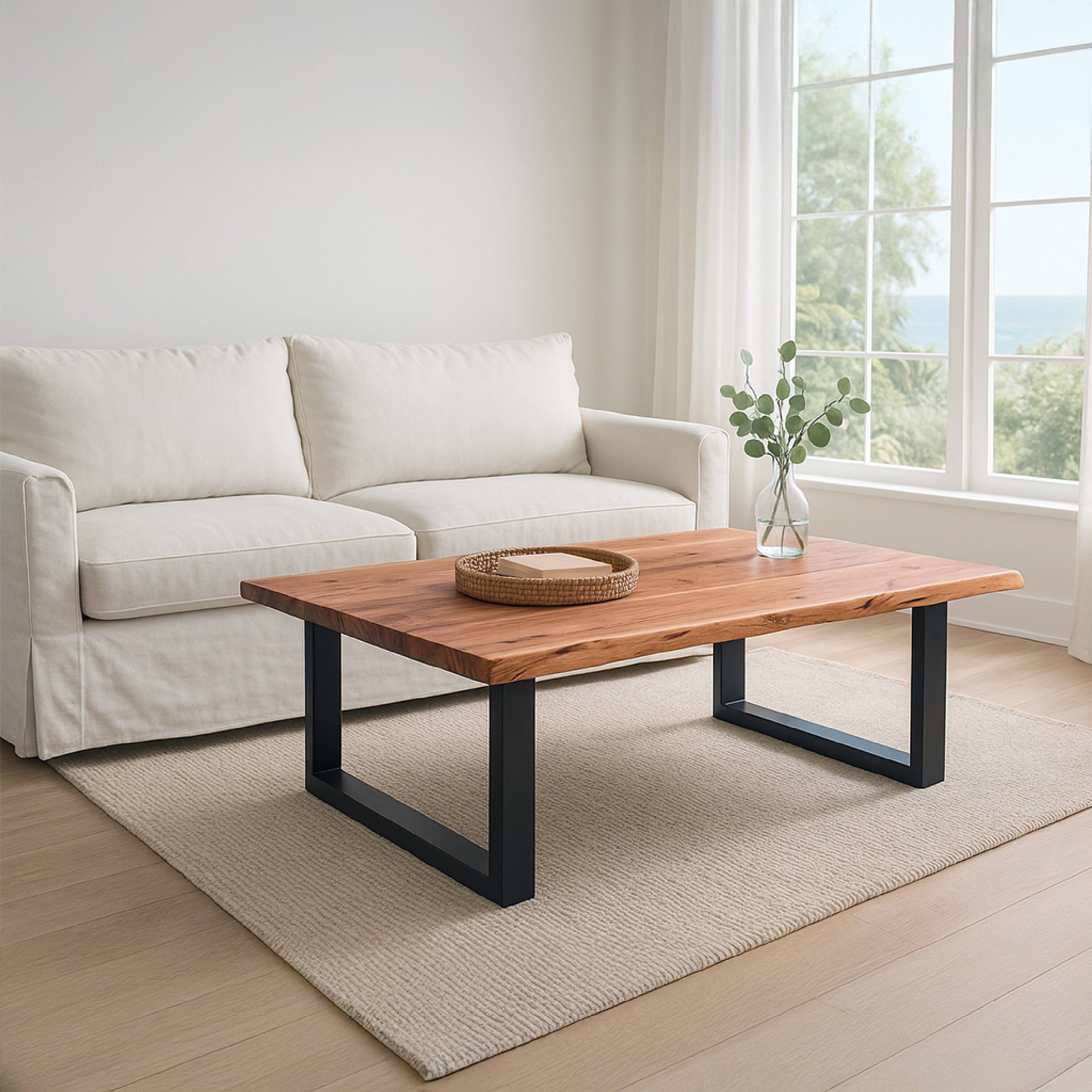Alt View 7. Manhattan Lane - 45 Inch Acacia Wood Rectangular Coffee Table, Live Edge Details, Black Powder Coated Metal Sled Base - Natural Brown and Black.