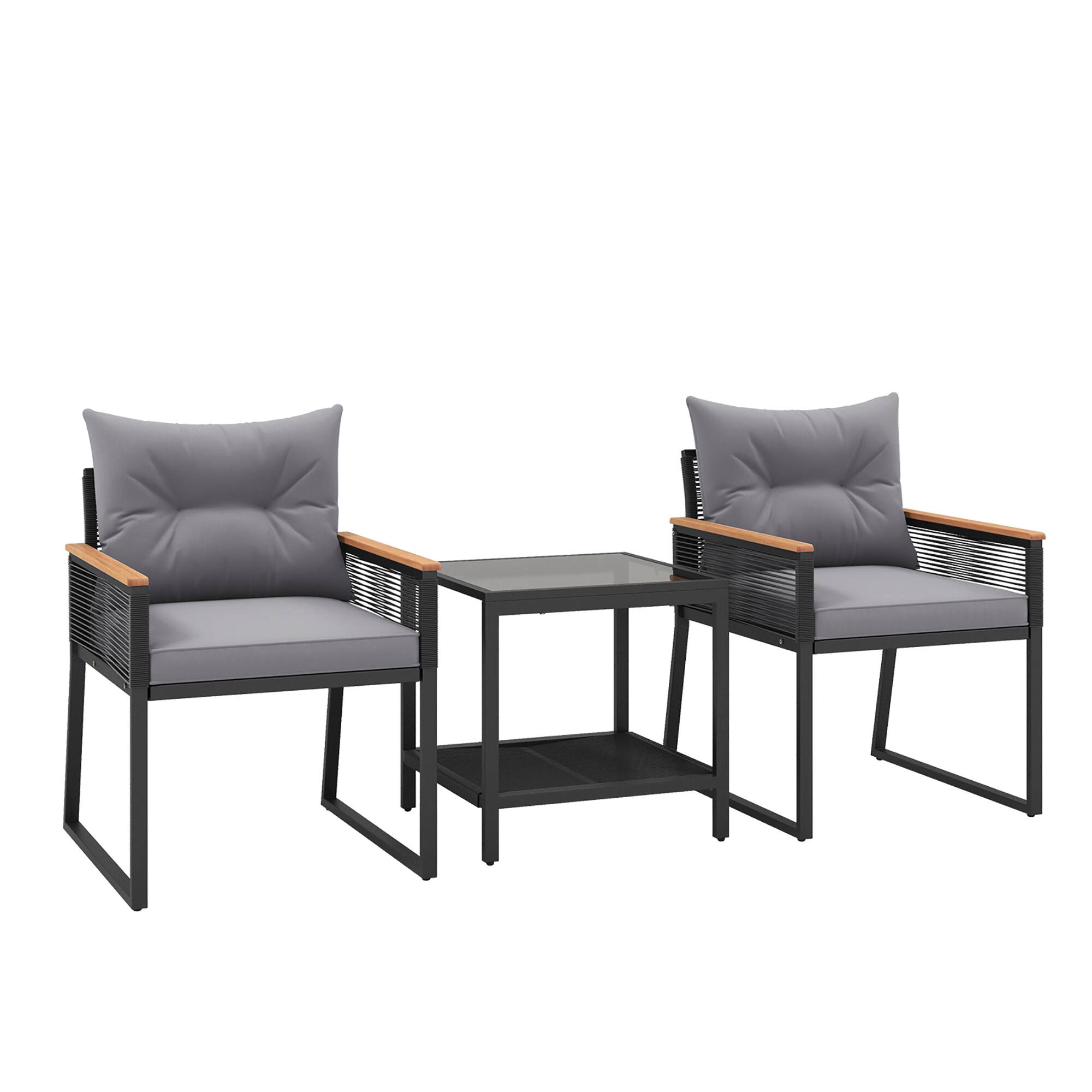 Alt View 8. Gymax - Gymax 3 PCS Patio Furniture Set PE Rattan Wicker Chairs w/ 2 Tier Coffee Table Soft Back - Gray.