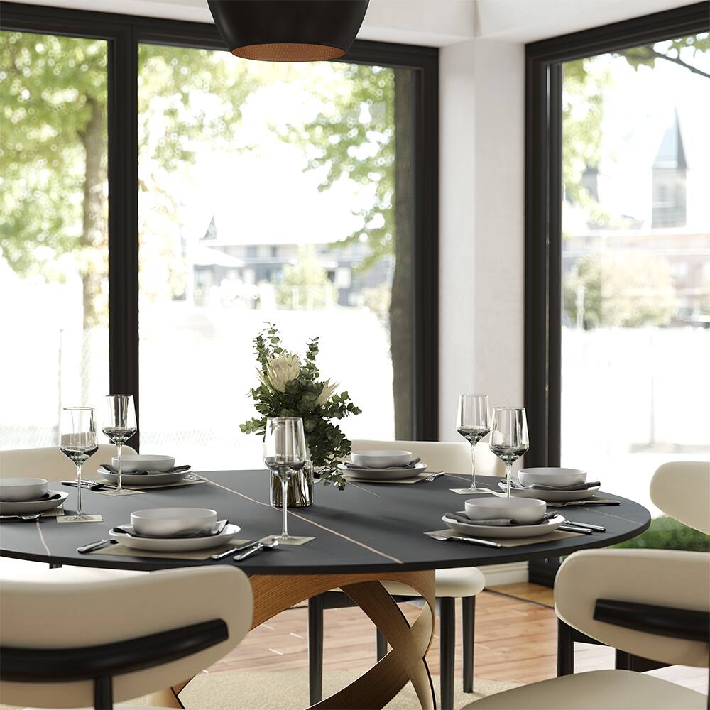 Back. POVISON - 51" Modern Black Round Dining Table for 4, Matte Sintered Stone Tabletop with Bronze X Carbon Steel Base - Black Matte Sintered Stone with Bronze.