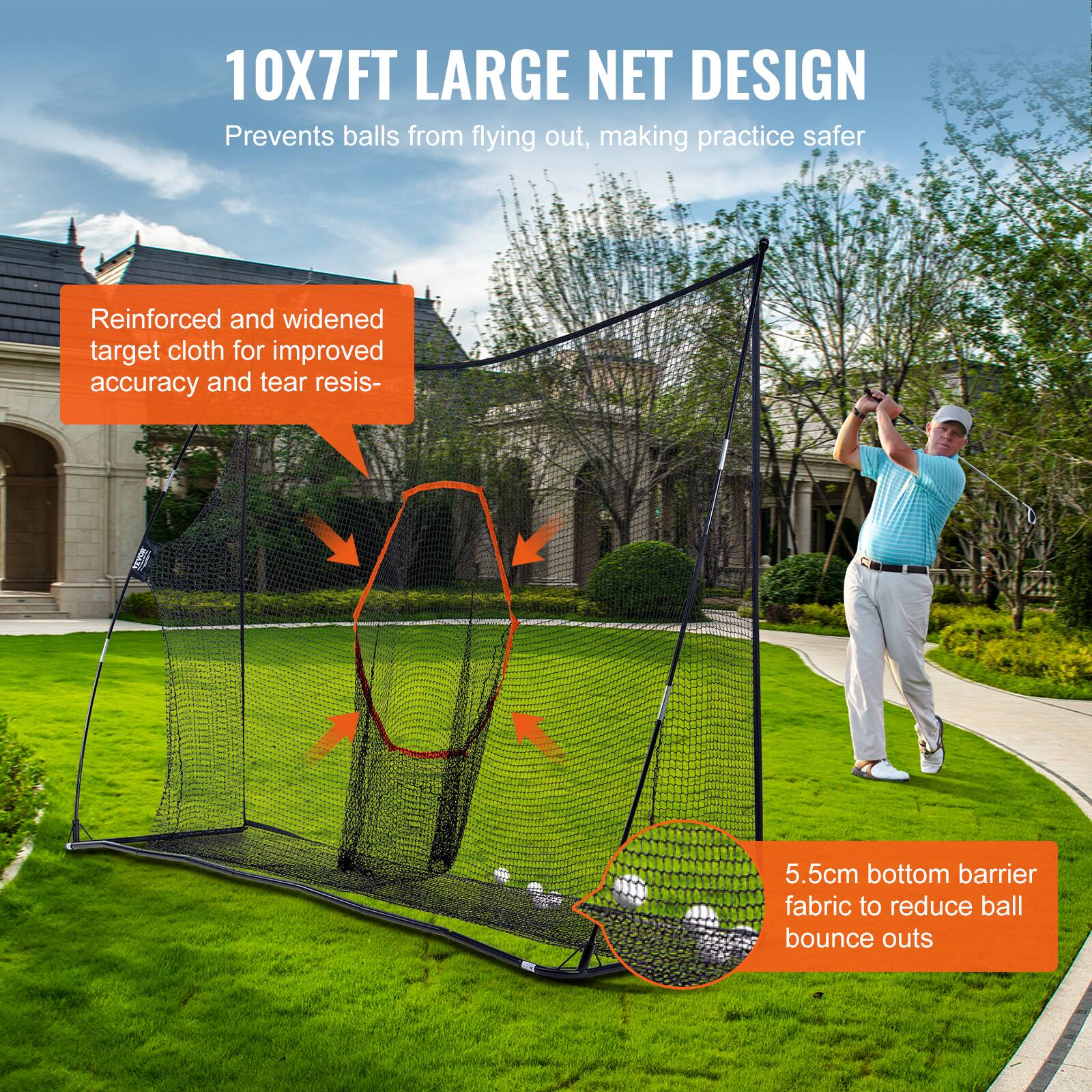 10X7FT LARGE NET DESIGN  
Prevents balls from flying out, making practice safer  

Reinforced and widened target cloth for improved accuracy and tear resistance  

5.5cm bottom barrier fabric to reduce ball bounce outs