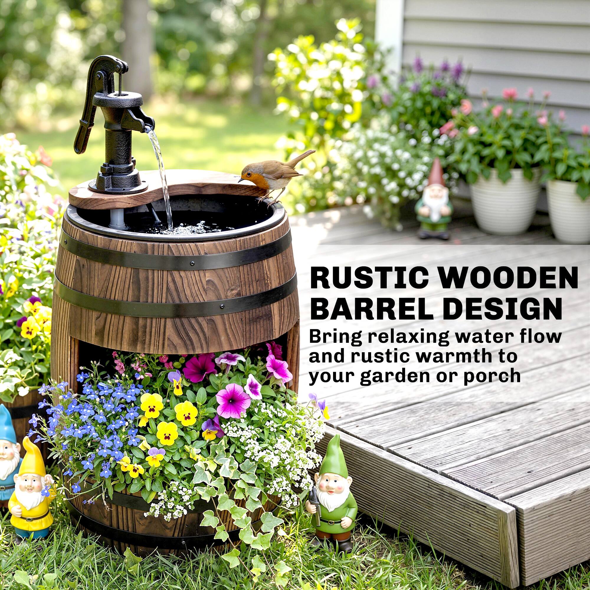 RUSTIC WOODEN BARREL DESIGN  
Bring relaxing water flow and rustic warmth to your garden or porch