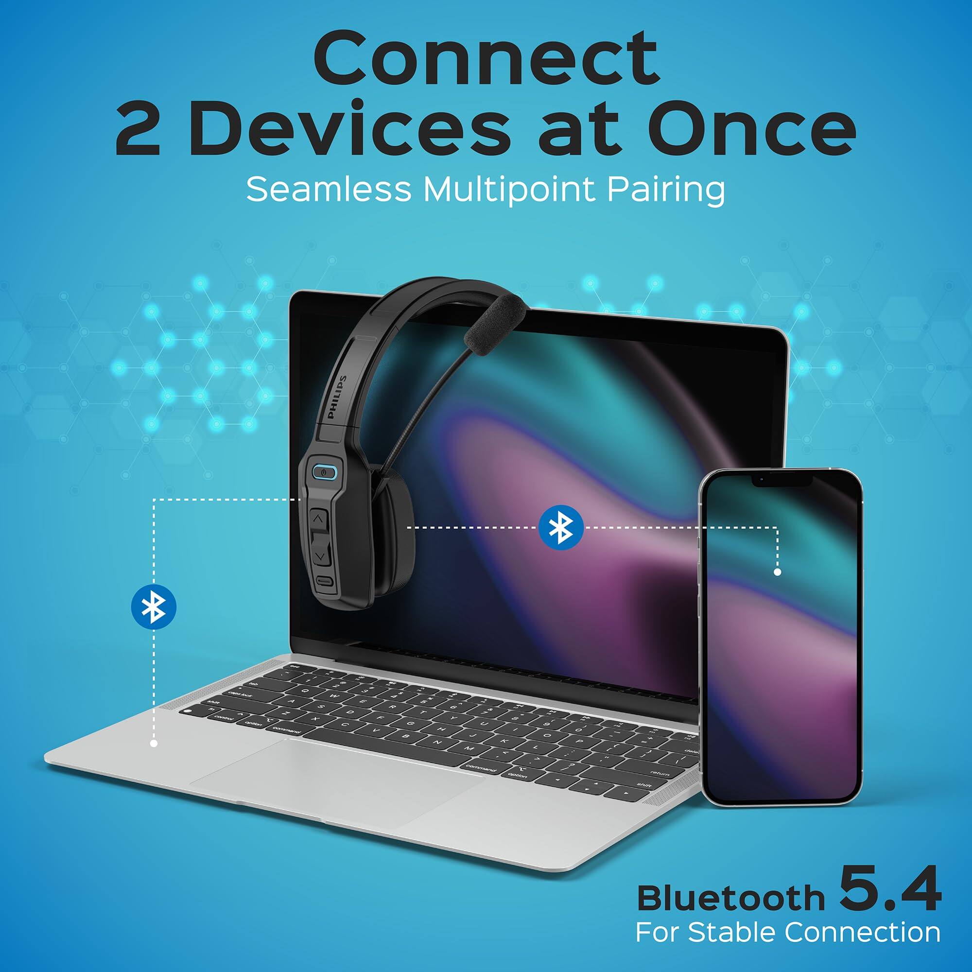 Connect 2 Devices at Once Seamless Multipoint Pairing PHILIPS  
Bluetooth 5.4 For Stable Connection