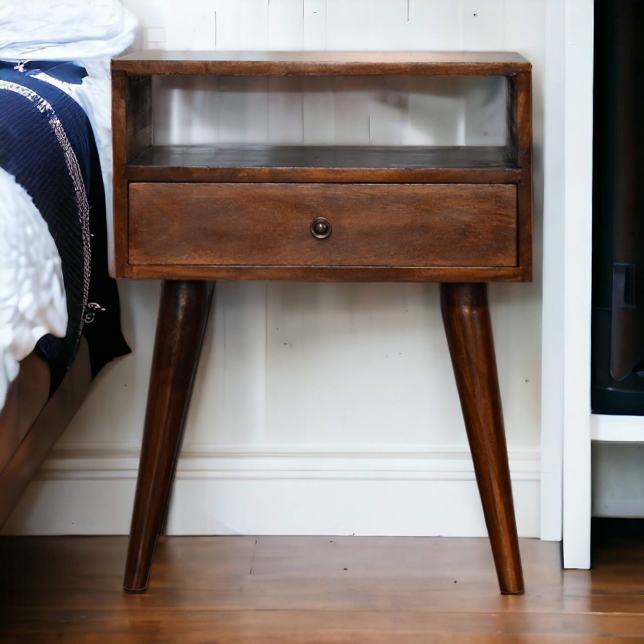 Angle. Artisan Furniture - Artisan Furniture Solid Wood Modern Chestnut Nightstand, 1 Drawer, 1 Open-slot, Nordic legs, Dark Brown - Chestnut.