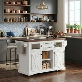 Forest'nSky - 54.9" Kitchen Island with Drop Leaf & Power Outlet Rolling Storage Cart with 4 Doors - White