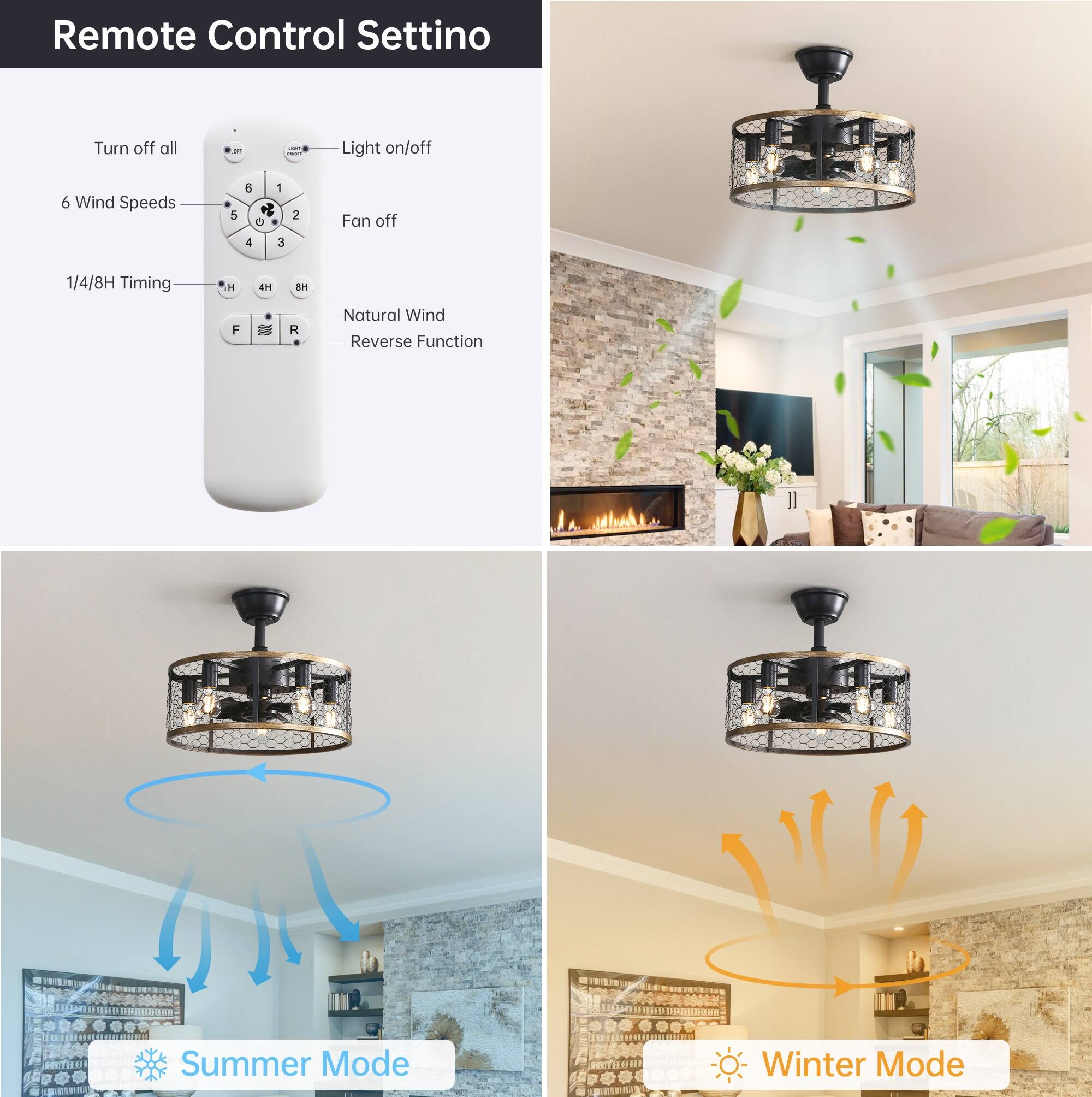Remote Control Setting

- Turn off all
- Light on/off
- 6 Wind Speeds
- Fan off
- 1/4/8H Timing
- Natural Wind
- Reverse Function
- Summer Mode
- Winter Mode
