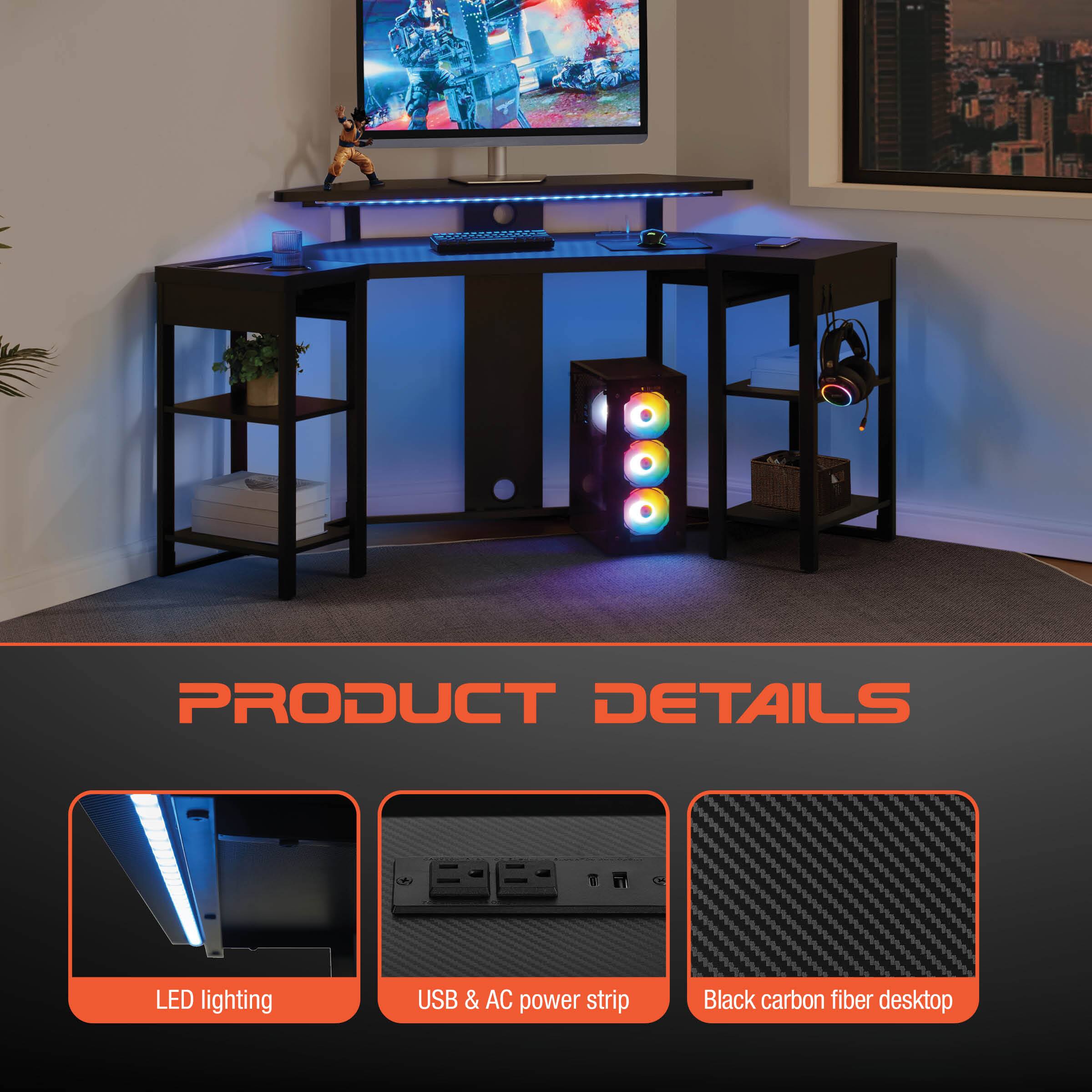 PRODUCT DETAILS

- LED lighting
- USB & AC power strip
- Black carbon fiber desktop