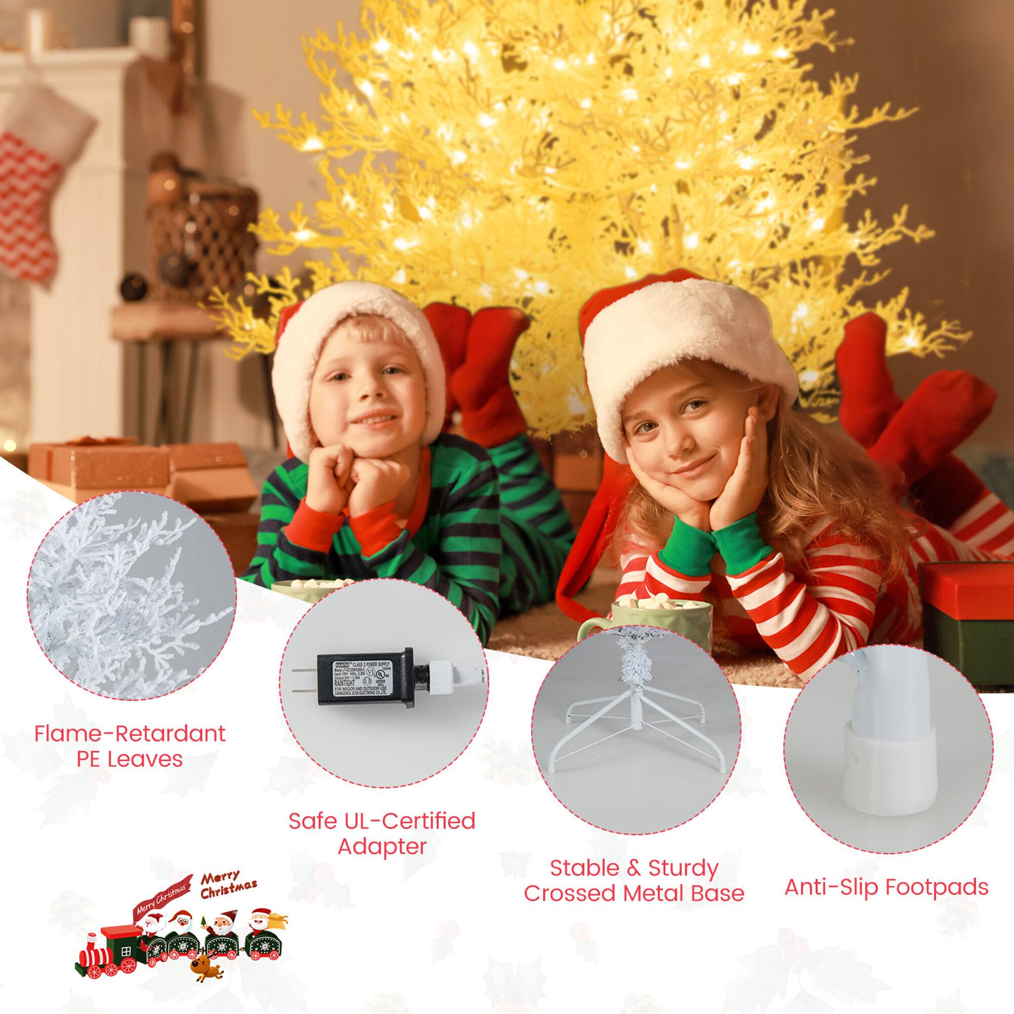 - Flame-Retardant PE Leaves
- Safe UL-Certified Adapter
- Stable & Sturdy Crossed Metal Base
- Anti-Slip Footpads

Merry Christmas