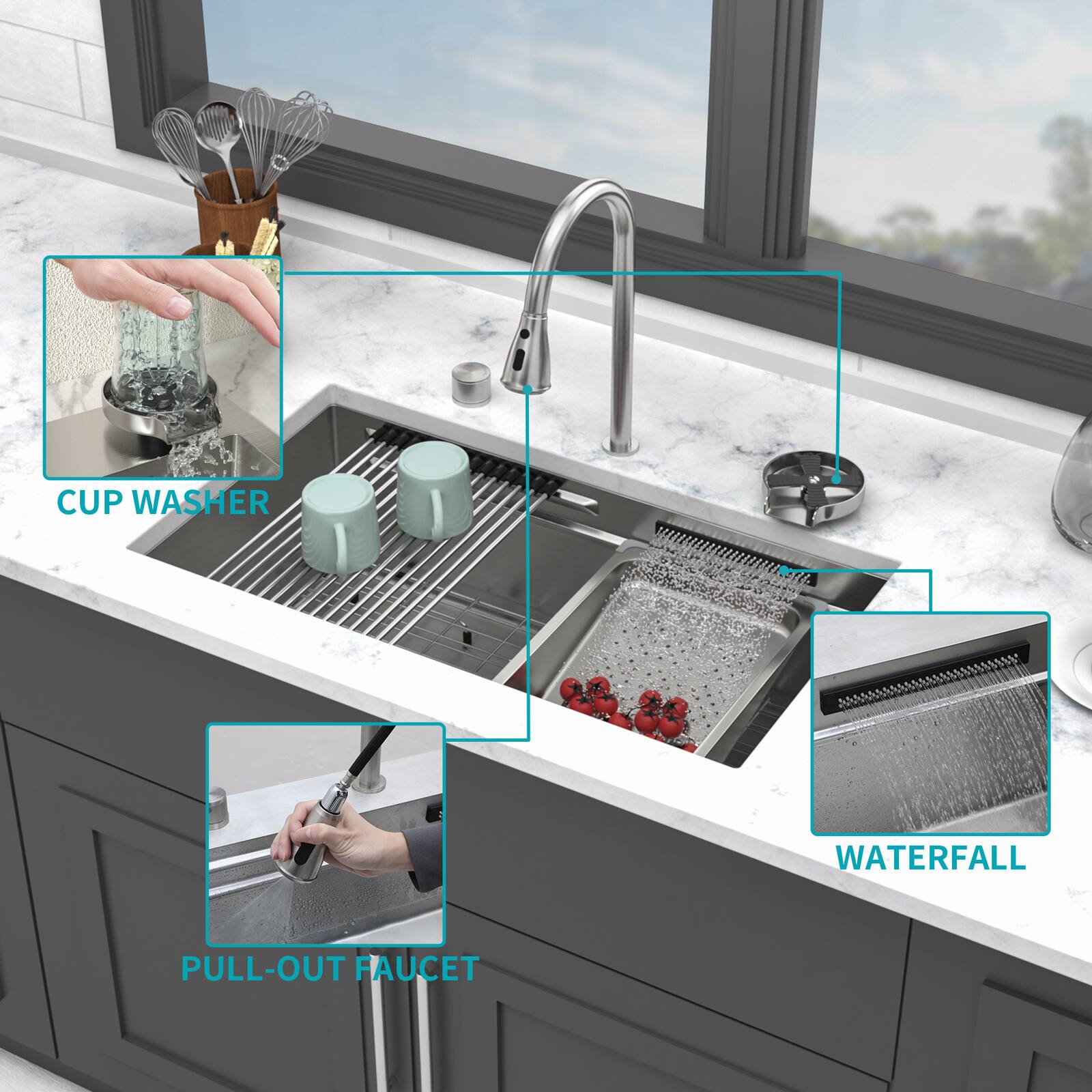 CUP WASHER  
PULL-OUT FAUCET  
WATERFALL