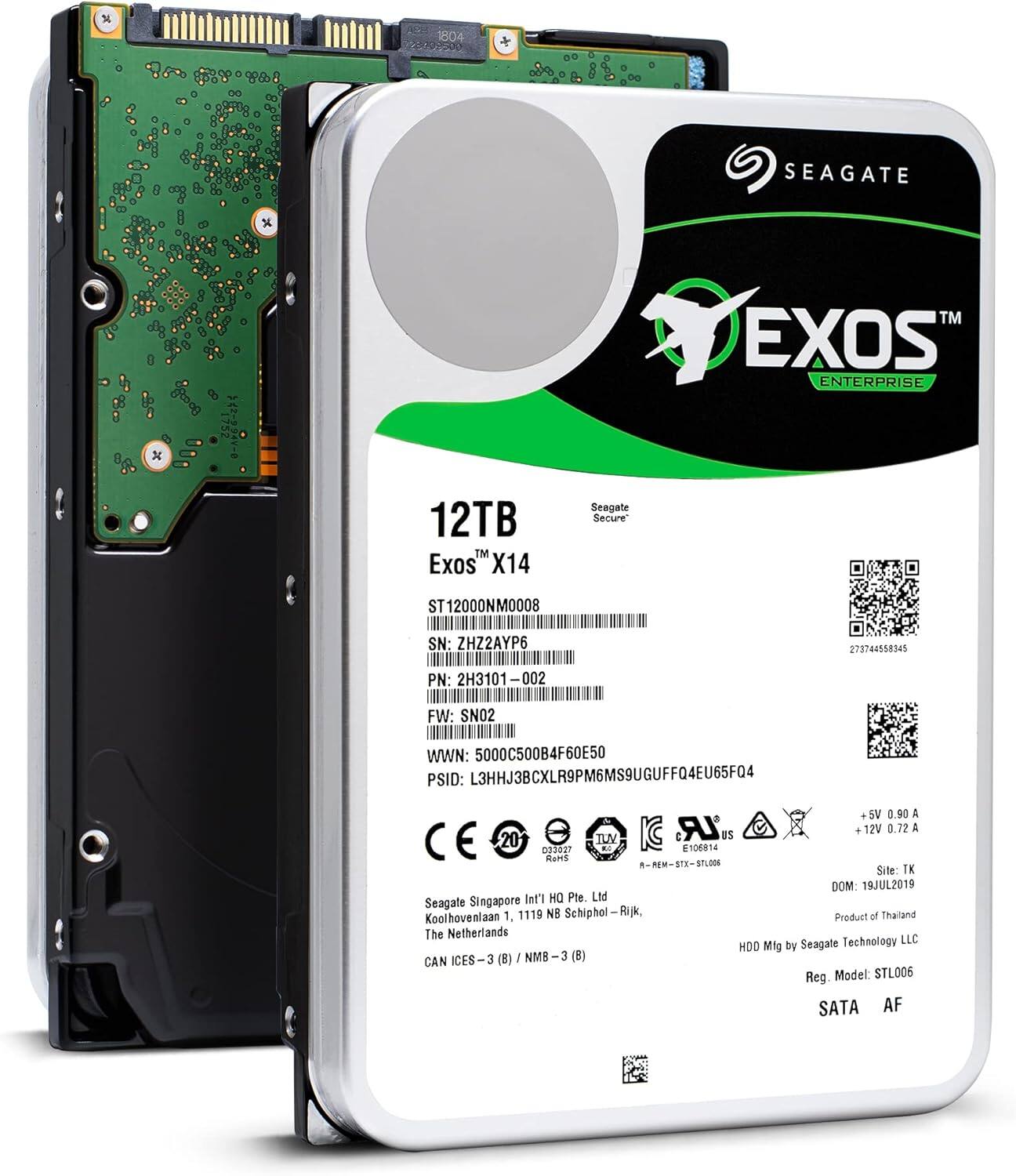 Sure, here is the corrected and grouped text from the image:

---

**Seagate Exos Enterprise**

**12TB**

**Exos X14**

**ST12000NM0008**

**SN:** ZHZ2AYP6

**PN:** 2H3101-002

**FW:** SN02

**WWN:** 5000C500B4F60E50

**PSID:** L3HHJ3BCXLR9PM6MS9UGUFFQ4EU65FQ4

**Seagate Secure**

**Seagate Singapore Pte. Ltd**

**Koolhovenlaan 1, 1119 NB Schiphol Rijk, The Netherlands**

**Product of Thailand**

**HDD Mfg by Seagate Technology LLC**

**Reg. Model:** STL006

**SATA AF**

**+5V 0.90 A**

**+12V 0.72 A**

**Site:** TK

**DOM:** 19JUL2019

**CAN ICS-3 (B) / NMB - 3 (B