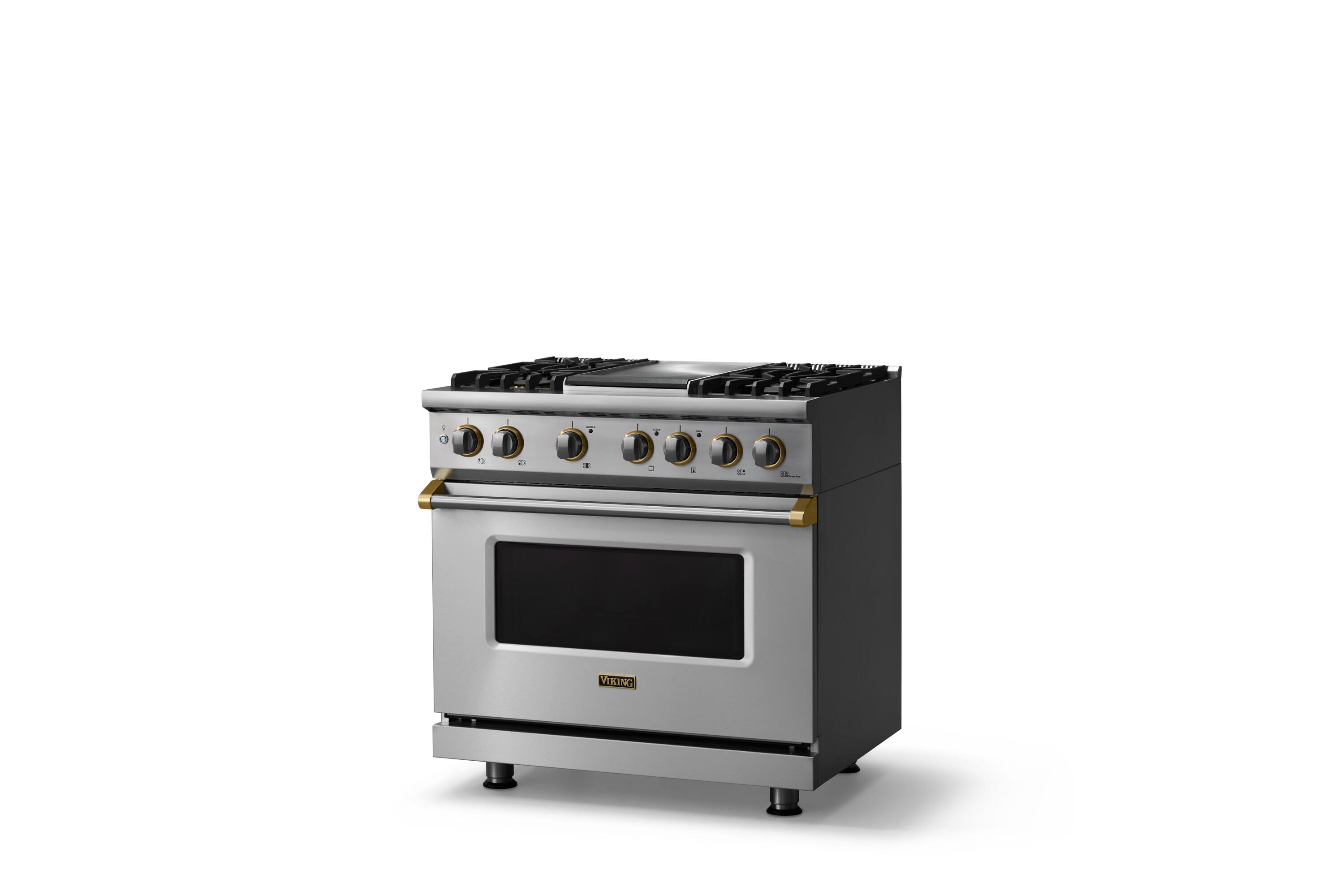 Angle. Viking - 36"W. Pro5S 5.6 Cu. Ft. Freestanding Self-Clean Sealed 4B Dual Fuel Convection Range/Grdl-Stainless Steel/Brushed Brass - Stainless Steel.